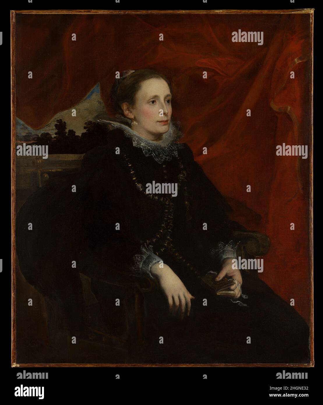 Porträt einer Frau, genannt die Marchesa Durazzo wahrscheinlich ca. 1622–25 Anthony van Dyck Flämisch in den sechs Jahren, die er in Italien (1621–27) verbrachte, war Van Dyck häufig in Genua, wo er einige seiner prächtigsten Porträts malte. Dieser Sitter wird traditionell als Mitglied der Patrizierfamilie Durazzo identifiziert. Während viele seiner Porträts an die seines älteren Kollegen Rubens erinnern, der ebenfalls in Genua gemalt hatte, zeugt dieses von Van Dycks Bewunderung für das Werk des großen venezianischen Malers Tizian (ca. 1485/90?–1576). Das Porträt hat an Abrieb und Relining, flach gelitten Stockfoto