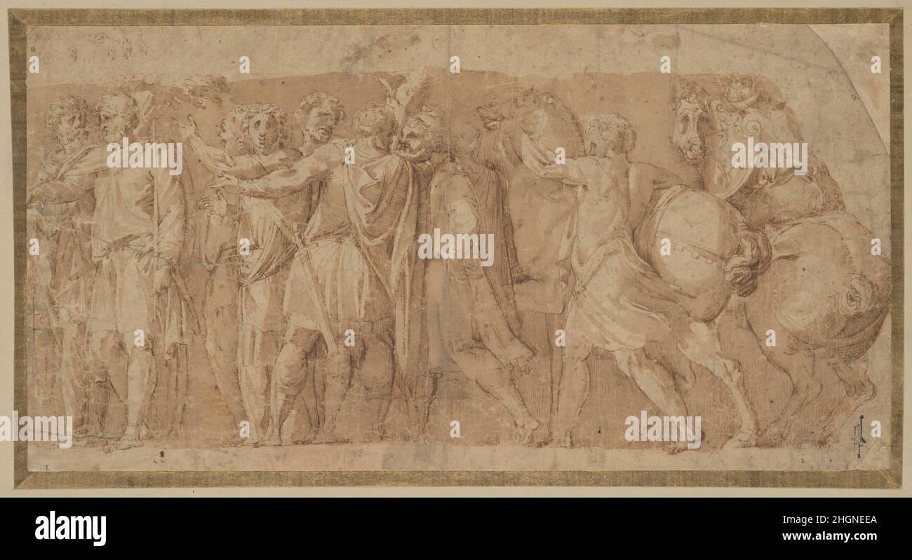 Fries mit männlichen Figuren und zwei Pferden Mitte des 16th. Jahrhunderts nach Polidoro da Caravaggio Italienisch die Zeichnung stellt einen Teil der Geschichte von Tarquinius, dem legendären König von Rom im sechsten Jahrhundert v. Chr., und Attus, der Augur (ein Beamter, der Ereignisse durch Vorzeichen vorhersagt). Die Komposition wurde von der gemalten Fassade eines römischen Palastes (Casa Boniauguri) kopiert, der von Polidoro da Caravaggio, einem Schüler von Raphael, der für solche Werke berühmt war, ausgeführt wurde. Dieses Blatt ist Teil einer Gruppe von Zeichnungen und Stichen (einschließlich 1975,1.406), die verschiedene Teile des verlorenen Gemäldes darstellen und zusammen helfen Stockfoto