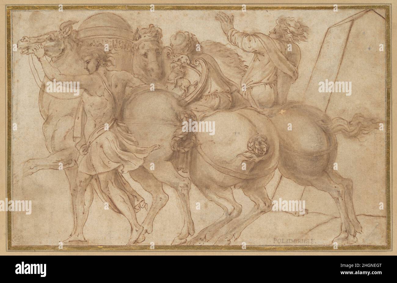 Fries mit drei Reitern 1530s nach Polidoro da Caravaggio Italienisch die Zeichnung stellt einen Teil der Geschichte von Tarquinius, dem legendären König von Rom im sechsten Jahrhundert v. Chr., und Attus, dem Augur (ein Beamter, der die Ereignisse durch Vorzeichen vorhersagt) dar. Die Komposition wurde von der gemalten Fassade eines römischen Palastes (Casa Boniauguri) kopiert, der von Polidoro da Caravaggio, einem Schüler von Raphael, der für solche Werke berühmt war, ausgeführt wurde. Dieses Blatt ist Teil einer Gruppe von Zeichnungen und Stichen (einschließlich 1975,1.407), die verschiedene Teile des verlorenen Gemäldes darstellen und zusammen helfen, seine Ursprünge zu rekonstruieren Stockfoto