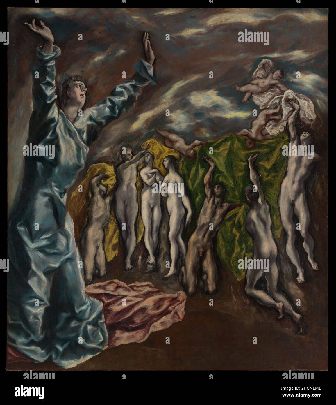 Die Vision des heiligen Johannes ca. 1608–14 El Greco (Domenikos Theotokopoulos) Griechisch das Gemälde ist ein Fragment eines großen Altarbildes, das für die Kirche des Krankenhauses von Johannes dem Täufer in Toledo in Auftrag gegeben wurde. Es zeigt einen Abschnitt in der Bibel, Offenbarung (6:9-11), der die Öffnung des Fünften Siegels am Ende der Zeit beschreibt und die Verteilung von weißen Gewändern an 'diejenigen, die für das Werk Gottes und für das Zeugnis, das sie getragen hatten, getötet worden waren'. Der fehlende obere Teil könnte gezeigt haben, dass das Opferlamm das Fünfte Siegel öffnet. Die Leinwand war ein ikonisches Werk für Künstler des 20. Jahrhunderts und Pica Stockfoto