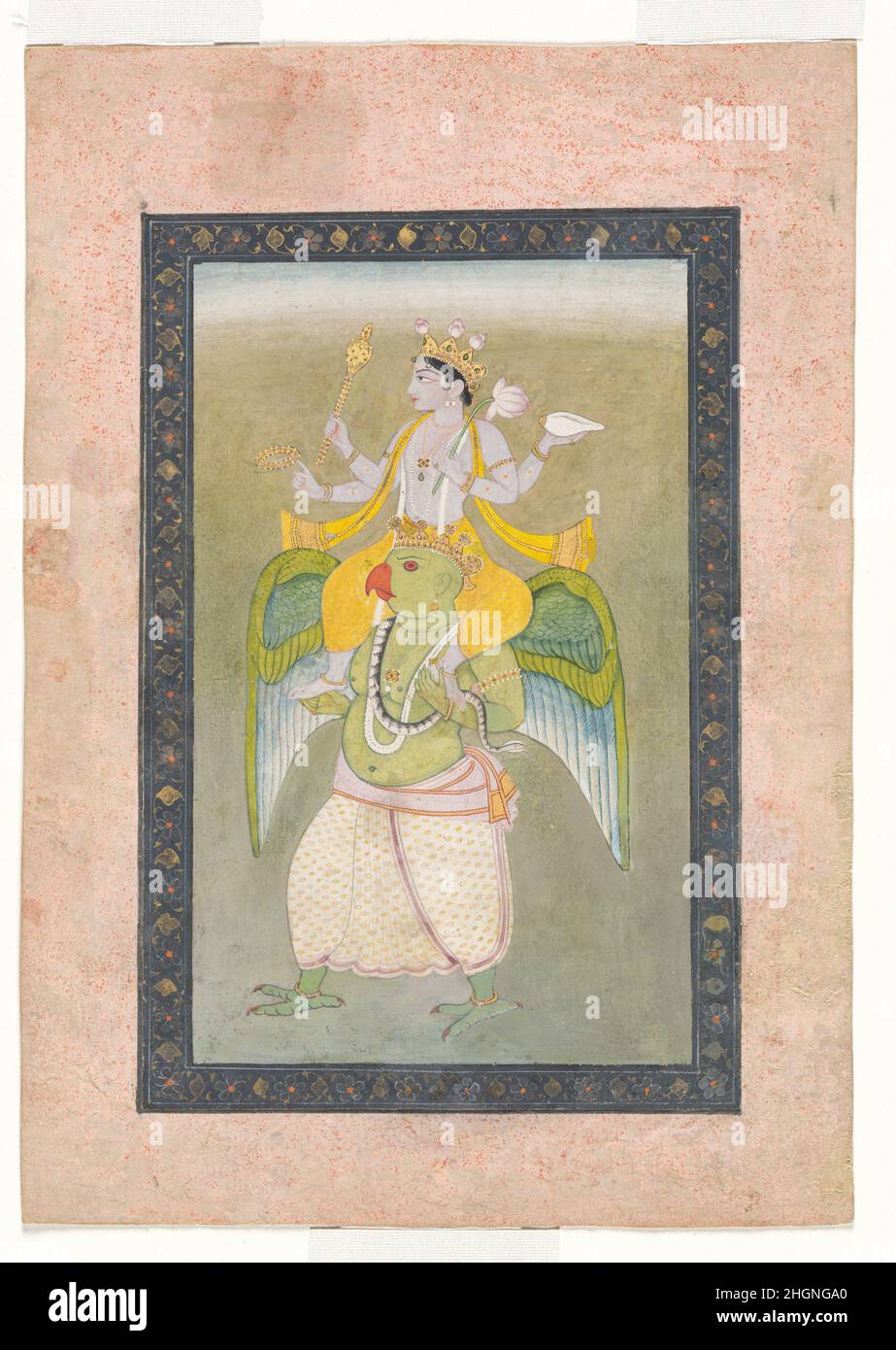 Vishnu auf Garuda Ca. 1810–20 Sajnu zugeschrieben Dieses bezaubernde Vishnu-Gemälde, das auf den Schultern seines himmlischen Vehikel Garuda getragen wird, verkörpert die süße Stimmung des Hindu-Devotionalismus. Es wird einem Anhänger des Malers Sajnu zugeschrieben, einem Guler-Hofmaler, der unter dem Mandi-Herrscher Raja Ishvari Sen (r. 1788-1826) im frühen 19th. Jahrhundert. Das Künstleratelier im kleinen Königreich Mandi in Himachal Pradesh kam zusammen mit den anderen kleineren Höfen unter den Einfluss der Künstler von Kangra und Guler. Es hat eine weichere Tonalität und leisere Palette als traditio Stockfoto