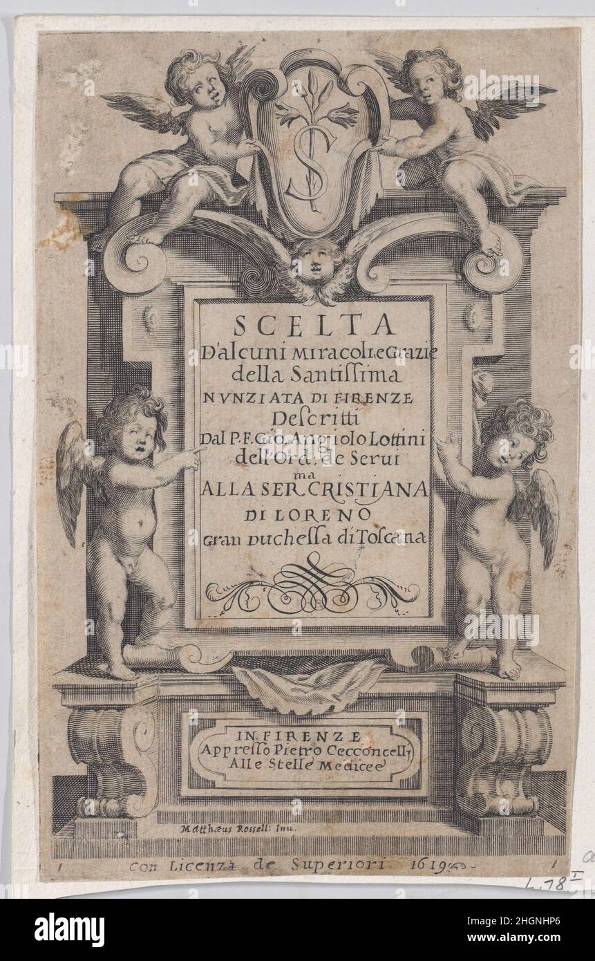 Frontispiz, aus Scelta d'Alcuni Miracoli e Grazie della Santissima Nunziata di Firenzee (Auswahl einiger Wunder und Gnaden, die in der Kirche der Annunziata in Florenz aufgetreten sind) 1619 Jacques Callot Französisch. Frontispiz, von Scelta d'Alcuni Miracoli e Grazie della Santissima Nunziata di Firenz(Auswahl einiger Wunder und Gnaden, die in der Kirche der Annunziata in Florenz aufgetreten sind). Scelta d'Alcuni Miracoli e Grazie della Santissima Nunziata di Firenzee. Jacques Callot (Französisch, Nancy 1592–1635 Nancy). 1619. Gravur; erster Zustand von vier (Lieure). Ausdrucke Stockfoto