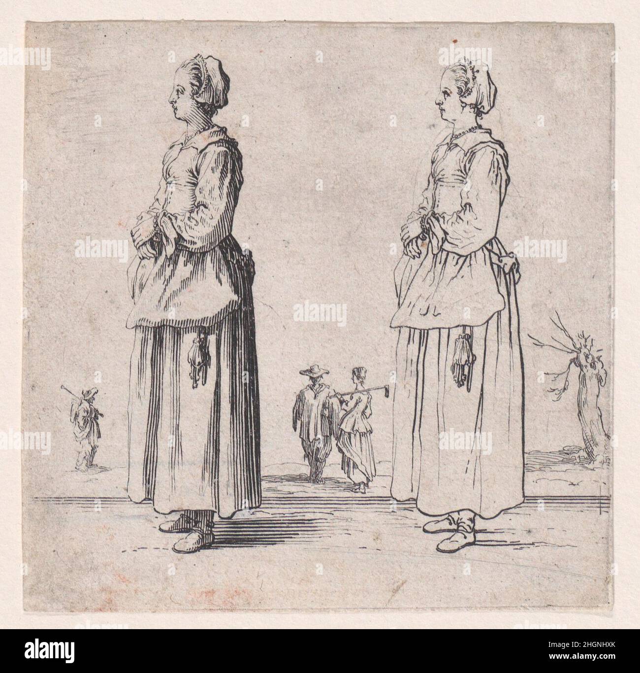La Paysanne Tournée a Gauche, les mains Appuyées l'Une sur l'Autre (die Bauernfrau drehte sich nach links, eine Hand in die andere gelegt), aus Varie Figure (verschiedene Figuren) ca. 1620 Jacques Callot Französisch. La Paysanne Tournée a Gauche, les mains Appuyées l'Une sur l'Autre (die Bauernfrau drehte sich nach links, eine Hand in die andere gelegt), aus Varie Figure (verschiedene Figuren). Varie-Abbildung. Jacques Callot (französisch, Nancy 1592–1635 Nancy). Ca. 1620. Radierung; erster Zustand von vier (Lieure). Ausdrucke Stockfoto