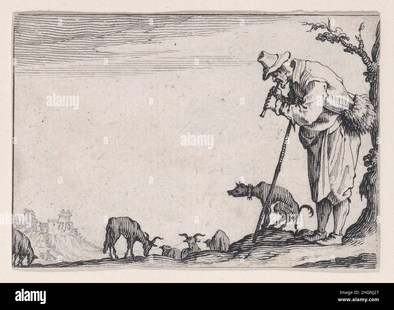 Le Berger Jouant de la Flute (der Hirte spielt die Flöte), aus Les Caprices Serie A, The Florence Set 1617 Jacques Callot Französisch. Le Berger Jouant de la Flute (der Hirte spielt die Flöte), aus Les Caprices Serie A, das Florence Set. Les Caprices Series A. Jacques Callot (Französisch, Nancy 1592–1635 Nancy). 1617. Radierung. Ausdrucke Stockfoto