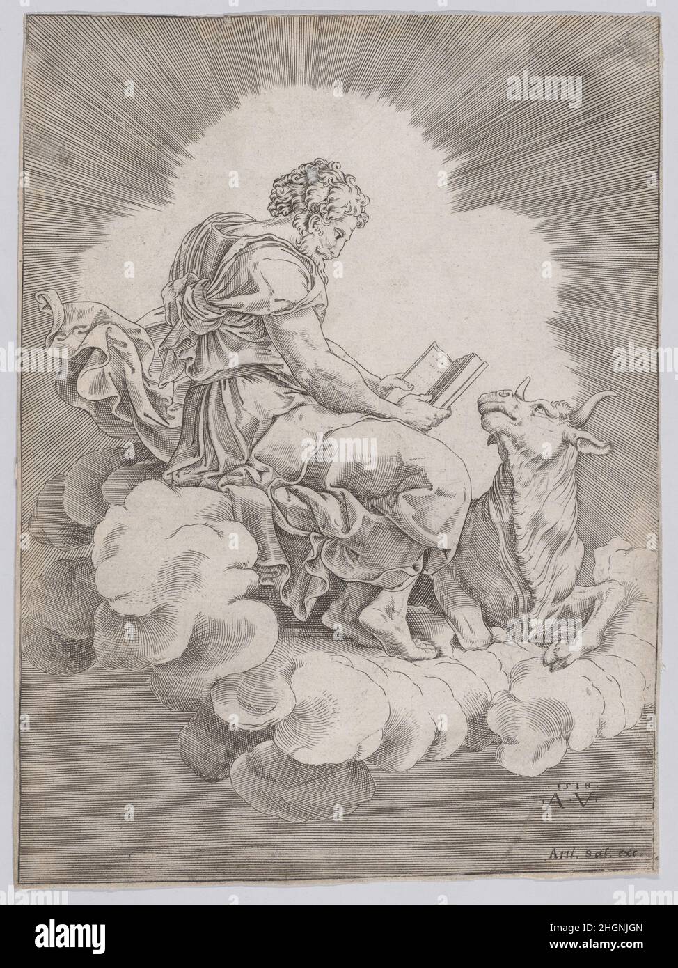 Saint Luke 1518 Agostino Veneziano (Agostino dei Musi) Italienisch. St. Luke. Agostino Veneziano (Agostino dei Musi) (Italienisch, Venedig ca. 1490–nach 1536 Rom). 1518. Gravur. Ausdrucke Stockfoto