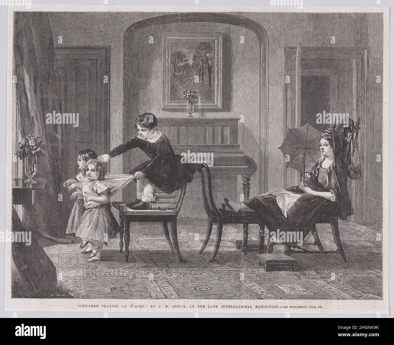 Kinder spielen auf Pferden, aus 'Illustrated London News' 29. November 1862 William Luson Thomas nach dem Tod von Charles Leslie ehrte ihn die 'Illustrated London News' mit einem langen Festartikel, der durch diesen Holzstich illustriert wurde. Ein verwandter Text beschreibt den in Amerika geborenen Künstler, der in England professionelle Erfolge erzielt hat, als „den individuellsten und gründlichsten englischen, vielleicht von allen unseren Malern“. Obwohl Leslie für seine Werke bekannt war, die auf bekannte Dramen und Literatur reagierten, hat die Zeitschrift dieses Genre so ausgewählt, dass es die Fähigkeit des Künstlers verkörpert, Natura zu erfassen Stockfoto