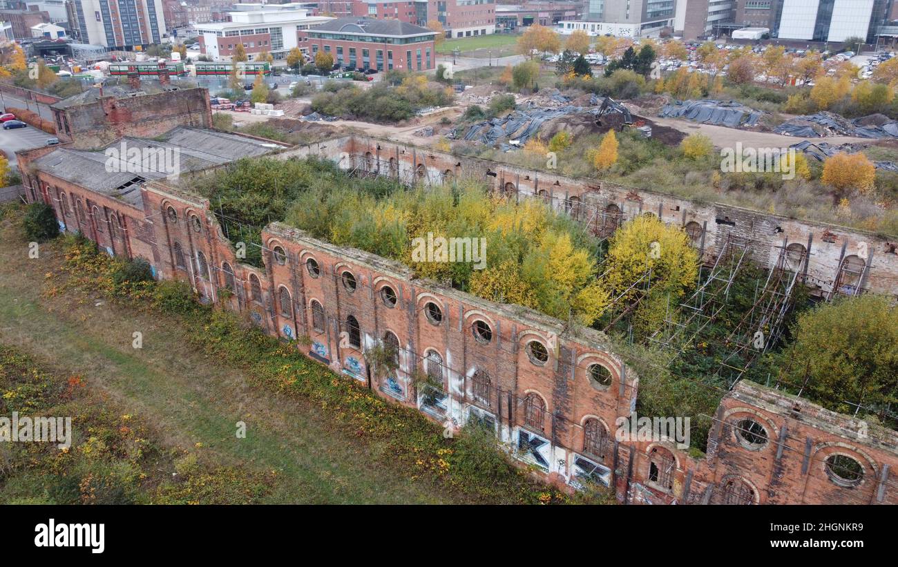 Great Northern Railway Warehouse Nottingham Großbritannien verlassene Gebäude Luftdrohnenansicht Stockfoto