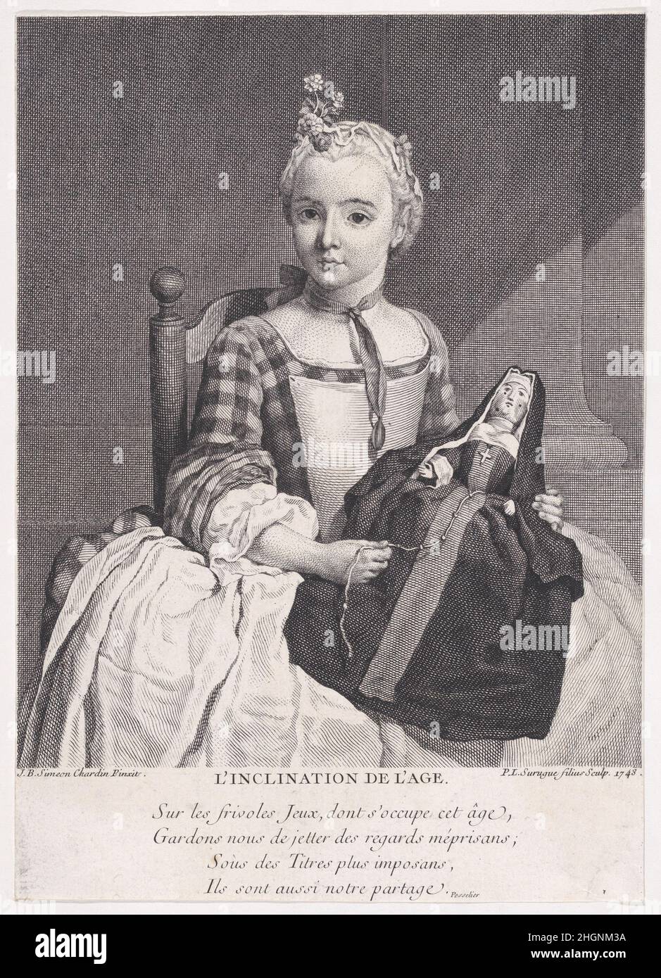 L'Inklination de l'age 1743 Pierre Louis Surugue. L'inklination de l'age. Nach Jean Siméon Chardin (Französisch, Paris 1699–1779 Paris). 1743. Gravur; zweiter Zustand von zwei. Ausdrucke Stockfoto