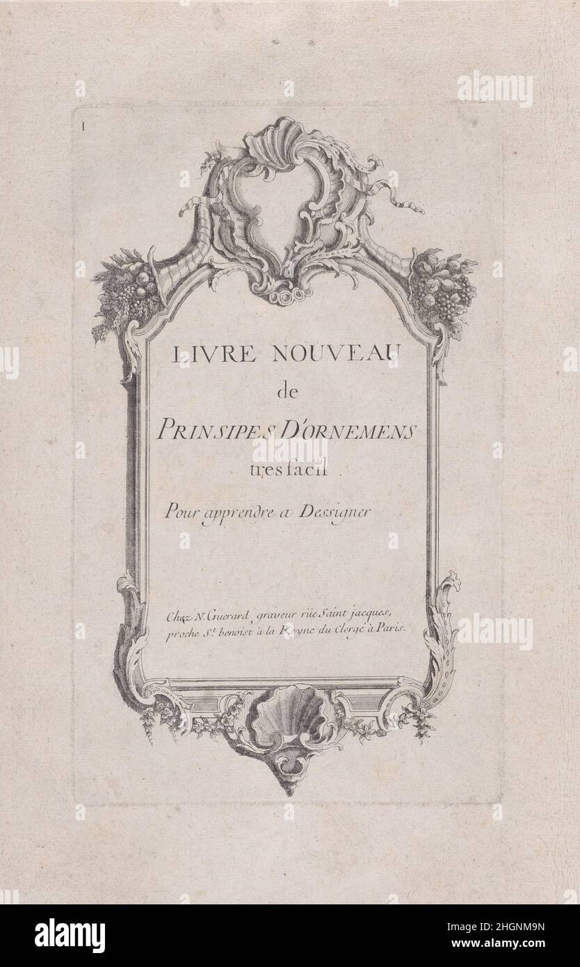 Titelseite zu „Livre Nouveau de Prinsipes D'Ornemens, tres facil. Gießen Sie apprendre ein Dessigner. Ca. 1715–1725 Nicolas Guérard Französischer Titel zur Serie 'Livre Nouveau de Prinsipes d'Ornemens', bestehend aus sieben Tafeln mit rudimentären Ornamententwürfen, um (junge) Künstler darin zu Schulen, Ornamente zu entwerfen und zu beschreiben. Titelseite zu „Livre Nouveau de Prinsipes D'Ornemens, tres facil. Gießen Sie apprendre ein Dessigner.. Ca. 1715–1725. Gravur Stockfoto