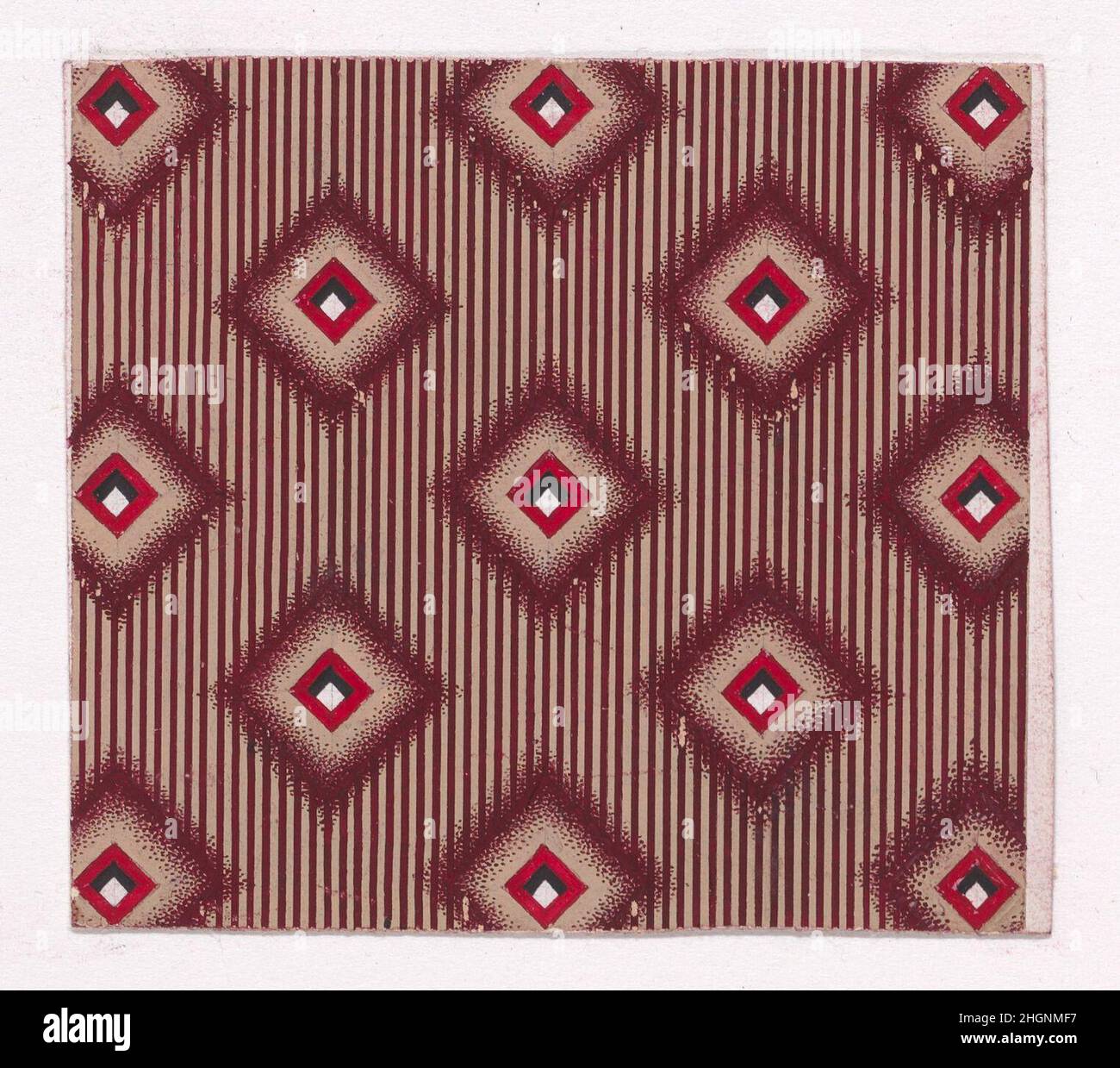 Textildesign mit wechselnden Lozenges über einem gestreiften Hintergrund 1840 Anonymous, elsässisch, 19th. Jahrhundert Rechteckiges Blatt Papier mit einem Textildesign aus einer Gruppe aus dem Jahr 1840, hergestellt in Mulhouse, Elsass, einem wichtigen Zentrum für die Textilproduktion im französischen Haut-Rhin-Gebiet aus dem 19. Jahrhundert. Das Design besteht aus wechselnden Rauten auf einem gestreiften Hintergrund mit vertikalen Linien von dunkler rötlich-brauner Farbe über einem hellbraunen Boden. Die Lozenges sind hellbraun und von einem Rand mit dunkelrötlich-braunen Stippeln umrahmt. Die Lozenges sind mit zwei kleineren loz geschmückt Stockfoto