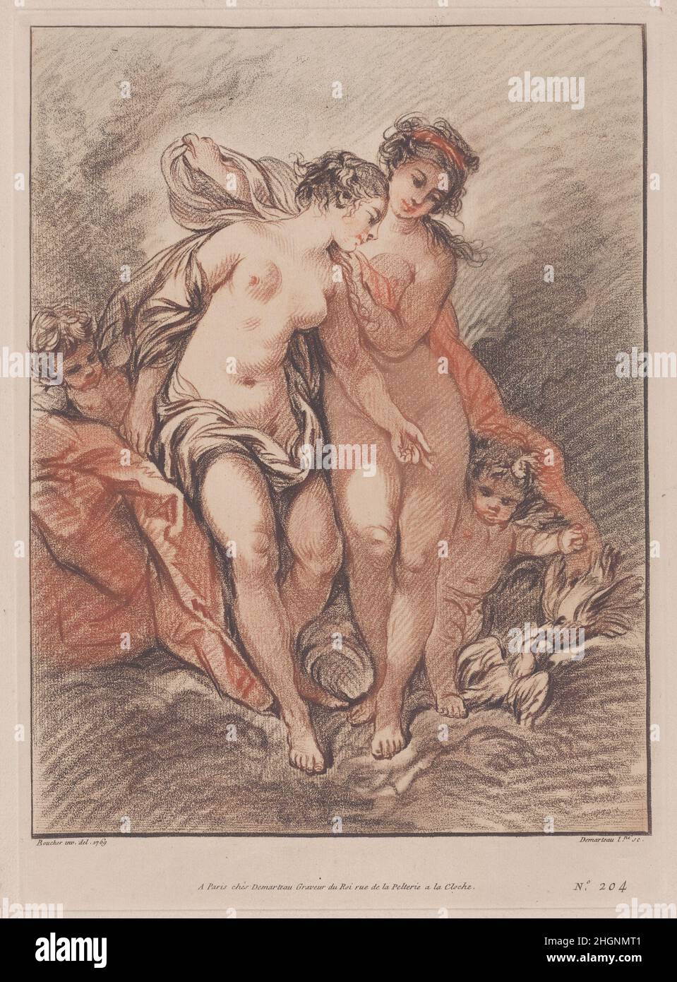 Reproduktion von Deux Nymphes et deux Amours regardant des colombes (zwei Nymphen und liebt es, zwei Tauben zu beobachten) Gilles Demarteau Französisch. Reproduktion von Deux Nymphes et deux Amours regardant des colombes (zwei Nymphen und liebt es, zwei Tauben zu beobachten). Gilles Demarteau (Französisch, Liège 1722–1776 Paris). Reproduktion von Kreidekreide-Manier-Gravur in schwarzer und roter Tinte. Ausdrucke Stockfoto