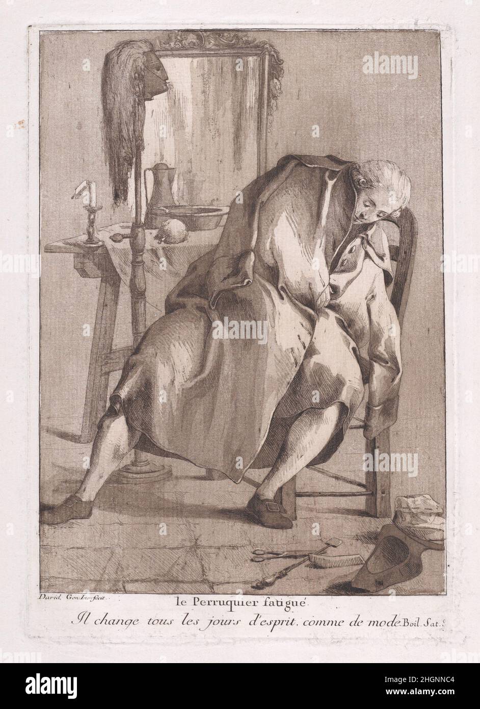 Der Müde Wigmaker 1775 Giovanni David Italienisch. Der Müde Wigmaker. Aus der Serie Divers Portraits. Giovanni David (Italienisch, Cabella Ligure 1749–1790 Genua). 1775. Radierung und Aquatinta. Ausdrucke Stockfoto