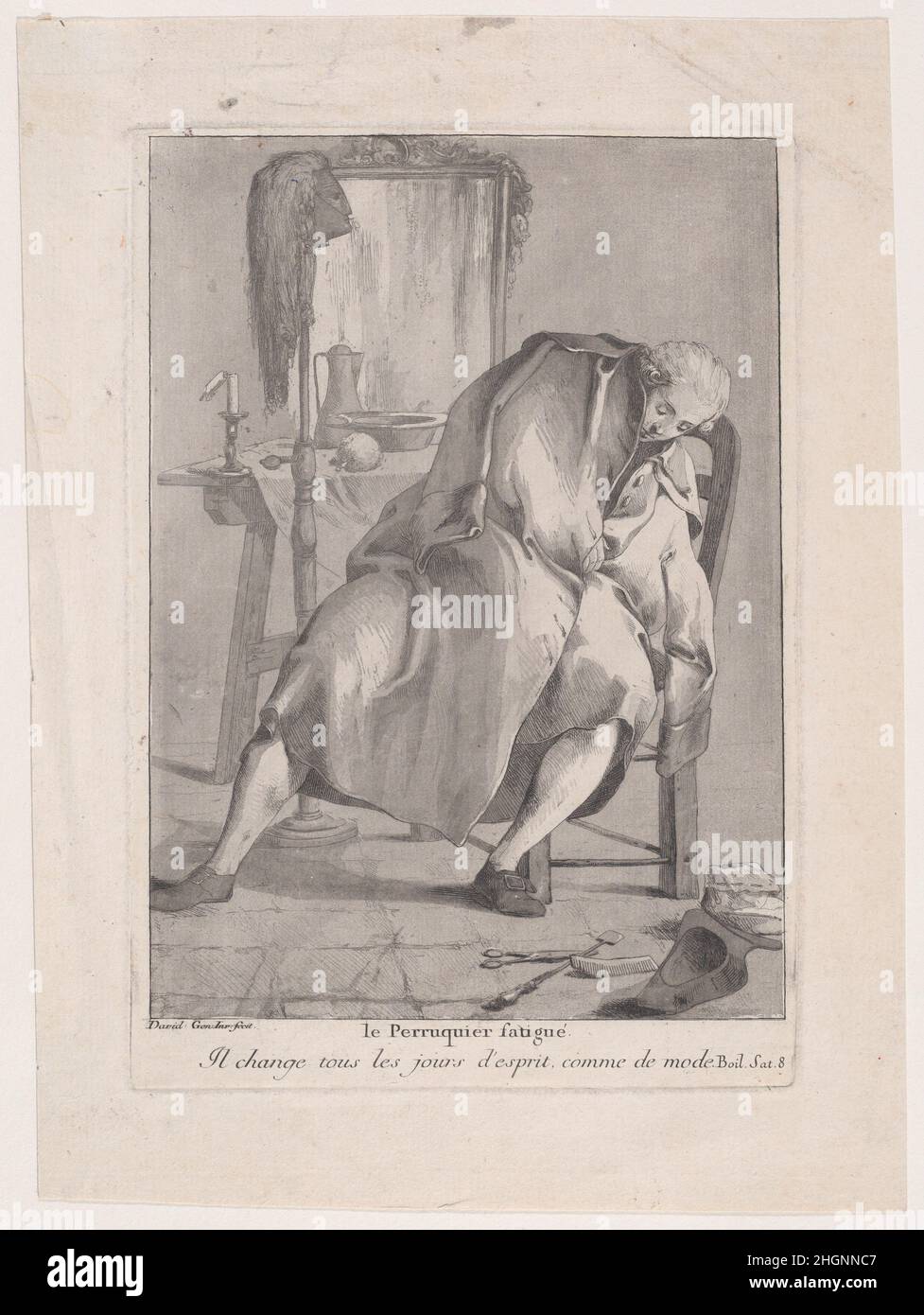 Der Müde Wigmaker 1775 Giovanni David Italienisch. Der Müde Wigmaker. Giovanni David (Italienisch, Cabella Ligure 1749–1790 Genua). 1775. Radierung und Aquatinta. Ausdrucke Stockfoto