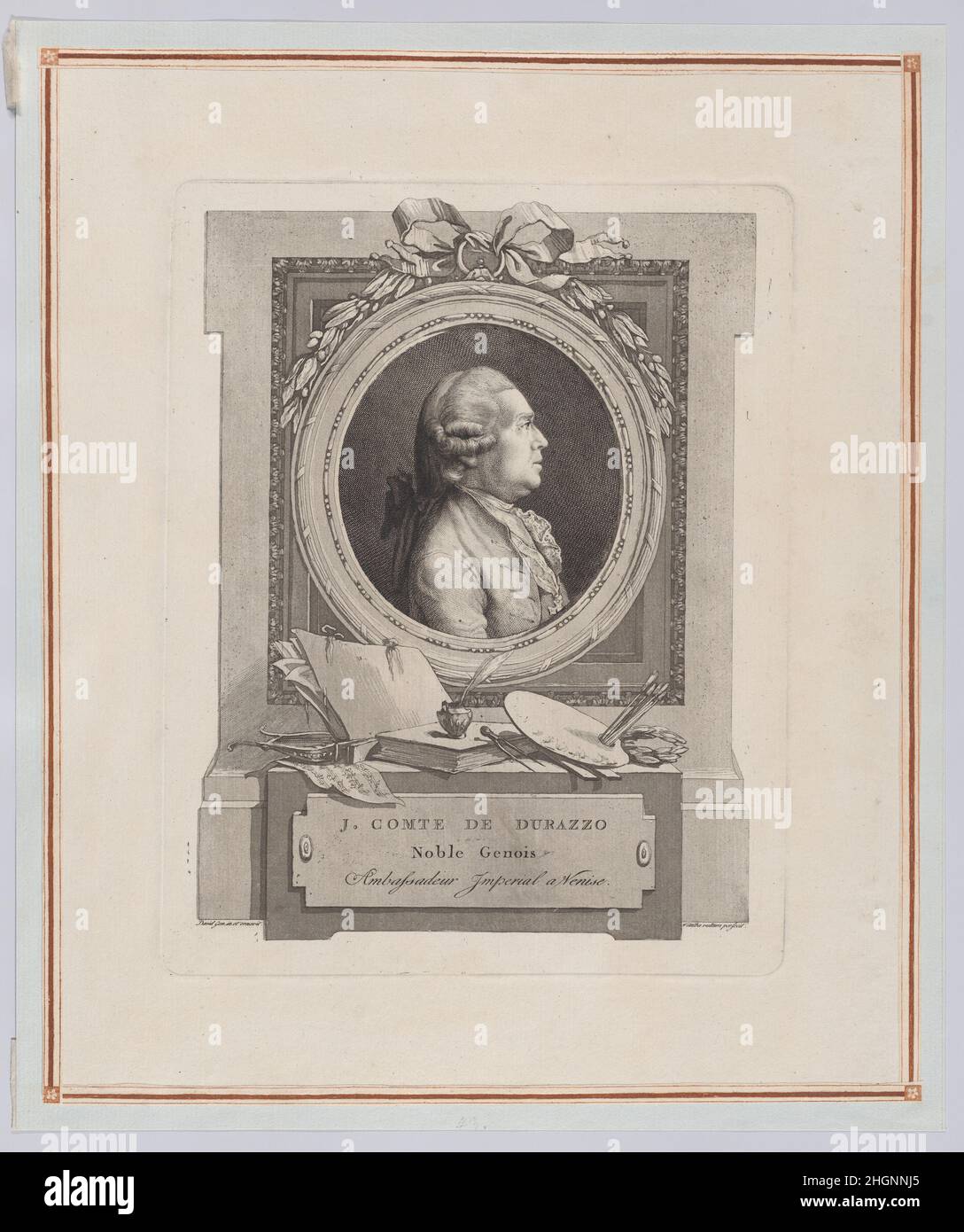 Porträt des Grafen Giacomo Durazzo 1784 Giovanni David. Porträt des Grafen Giacomo Durazzo. Giovanni David (Italienisch, Cabella Ligure 1749–1790 Genua). 1784. Radierung und Aquatinta. Graf Giacomo Durazzo (Italienisch, 1717–1794). Ausdrucke Stockfoto