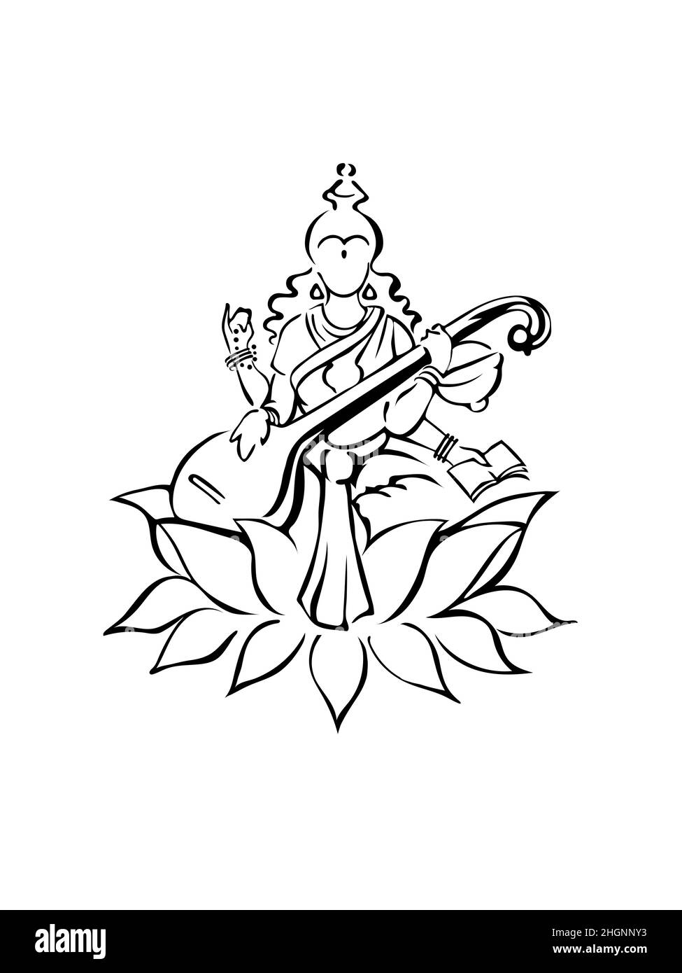 Die Hindu-Göttin des Wissens, die auf dem Lotus mit Veena, Buch, Topf und Perlen sitzt. Modernes Umrisssymbol, handgezeichnete schwarz-weiße Illustration, Stock Vektor