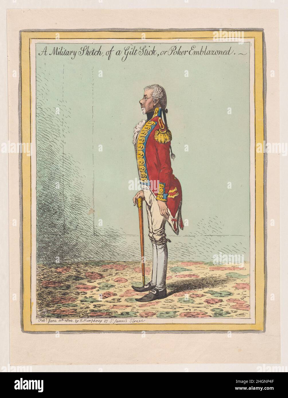 Eine militärische Skizze, von einem Gilt Stick, oder Poker prangt am 11. Januar 1800 James Gillray British. Eine militärische Skizze, ein Gilt Stick oder Poker prangt. James Gillray (British, London 1756–1815 London). 11. Januar 1800. Handkolorierte Radierung. Hannah Humphrey (London). Ausdrucke Stockfoto