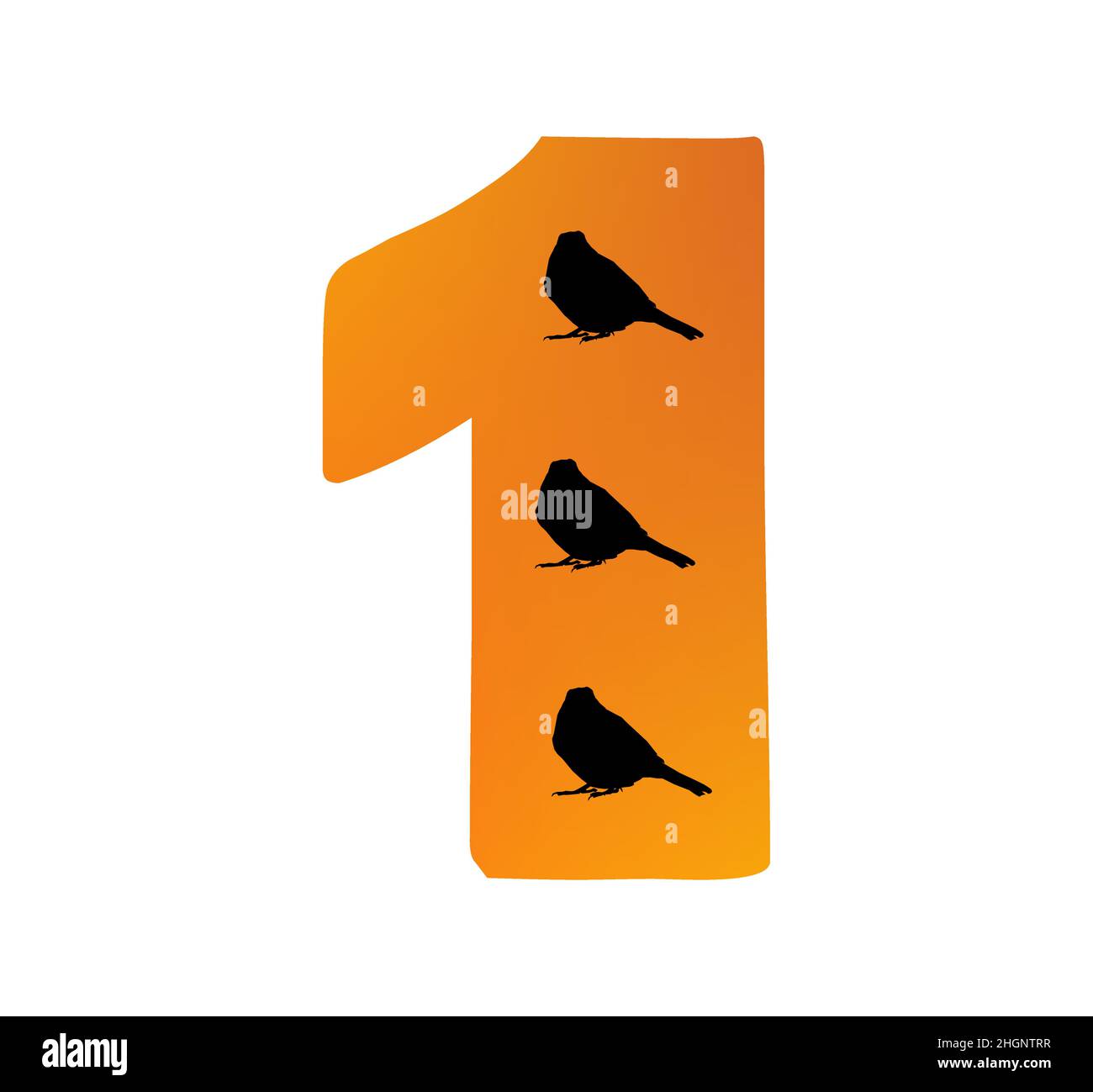 Nummer 1 des Alphabets mit der Farbe Orange und drei Silhouette von Vögeln, isoliert auf weißem Hintergrund; Vektor Stock Vektor