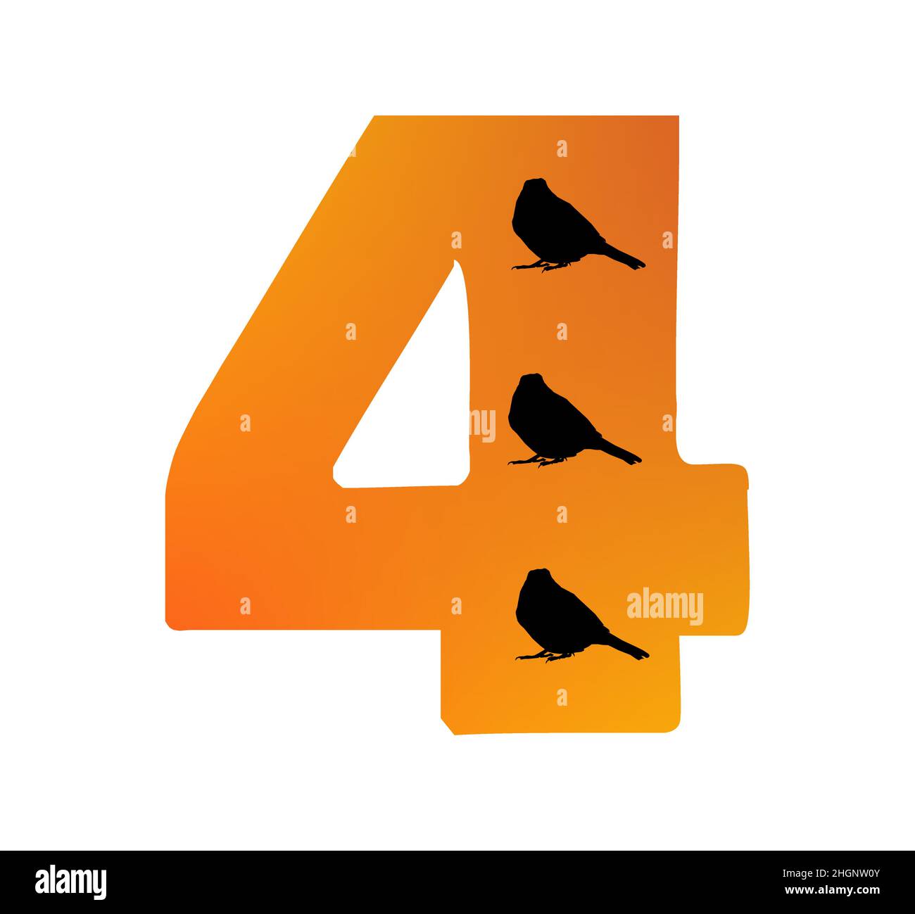 Nummer 4 des Alphabets mit der Farbe Orange und drei Silhouette von Vögeln, isoliert auf weißem Hintergrund; Vektor Stock Vektor