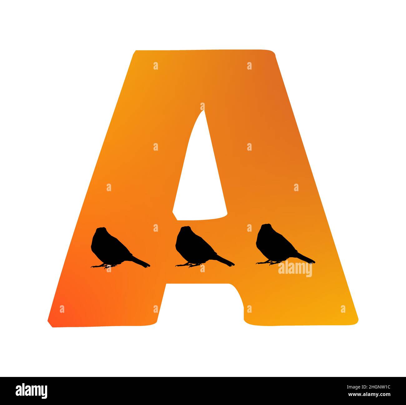 Buchstabe A des Alphabets mit der Farbe Orange und drei Silhouette von Vögeln, isoliert auf weißem Hintergrund; Vektor Stock Vektor