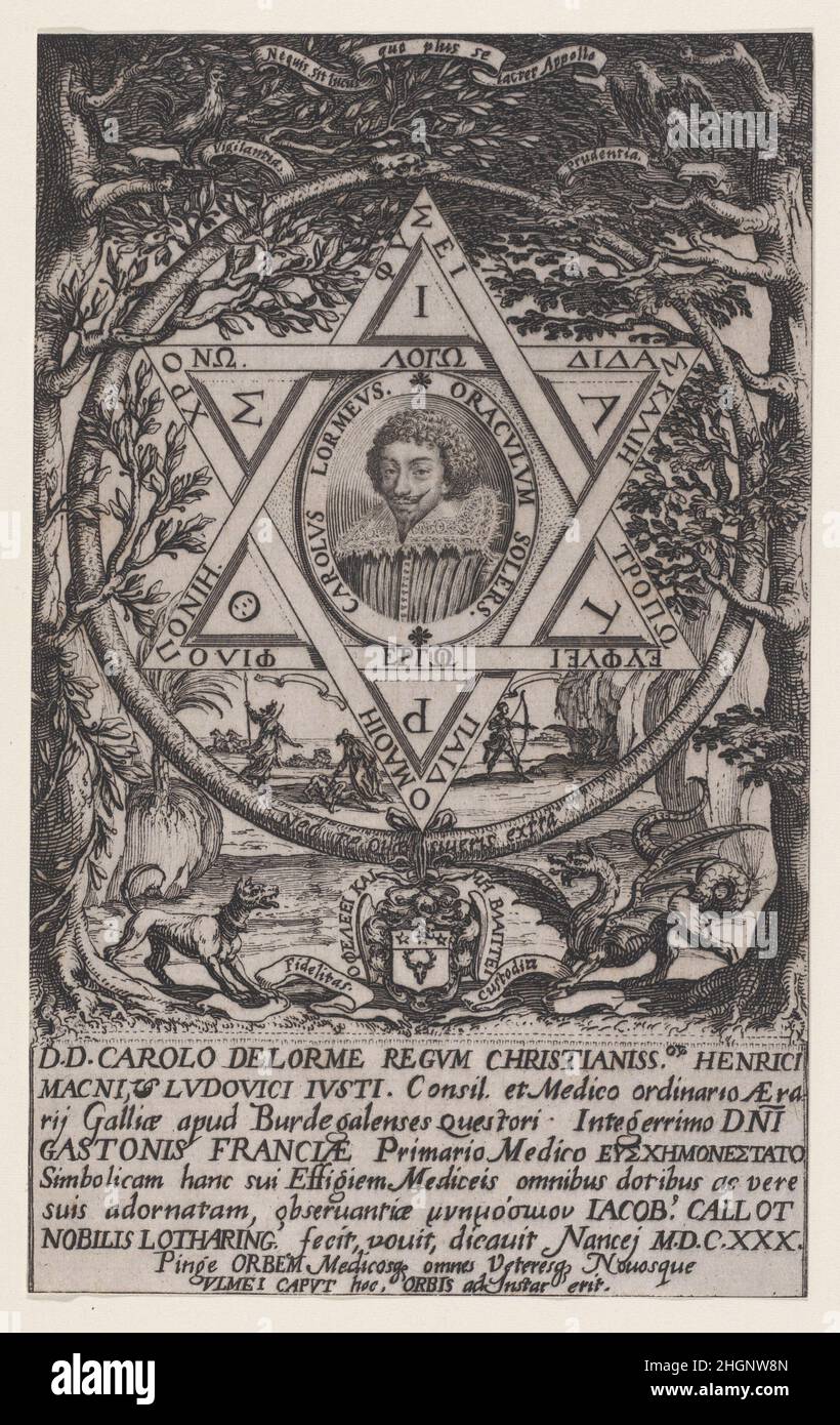 Porträt von Charles Delorme 1630 Jacques Callot Französisch die in diesen ovalen Medaillons und Rundellen dargestellten Szenen sind (von links nach rechts und von oben nach unten): Die Verkündigung, Jesus mit den Ärzten im Tempel, die Beschneidung, die Darstellung im Tempel, die Verklärung, die Kreuzigung, die Kreuzigung, die Kreuzigung vom Kreuz und die Auferstehung. Porträt von Charles Delorme. Variae tum passionis Christi tum vitae beatae Mariae Virginis; Les Mystères de la Passion Suite appelée aussi Mystères de la Vie de Jésus et Mystères de la Vie de Jésus et de la Vie de la Ste. Vierge. Jacques Callot (F Stockfoto