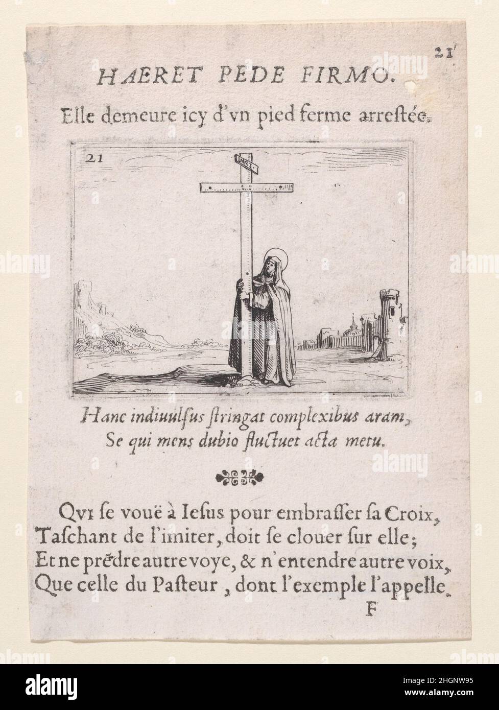 La Religieuse Tenant La Sainte Croix (die Nonne hält das Kreuz), von Lux Claustri ou La Lumière du Cloitre (das Licht der Klöster), Platte 21 1621–35 Jacques Callot Französisch. La Religieuse Tenant La Sainte Croix (die Nonne hält das Kreuz), von Lux Claustri ou La Lumière du Cloitre (das Licht der Klöster), Tafel 21. Lux Claustri ou La Lumière du Cloitre. Jacques Callot (Französisch, Nancy 1592–1635 Nancy). 1621–35. Radierung und Buchdruck; zweiter Zustand von zwei (Lieure). François Langlois (Französisch, getauft Chartres, 1588–1647 Paris). Ausdrucke Stockfoto