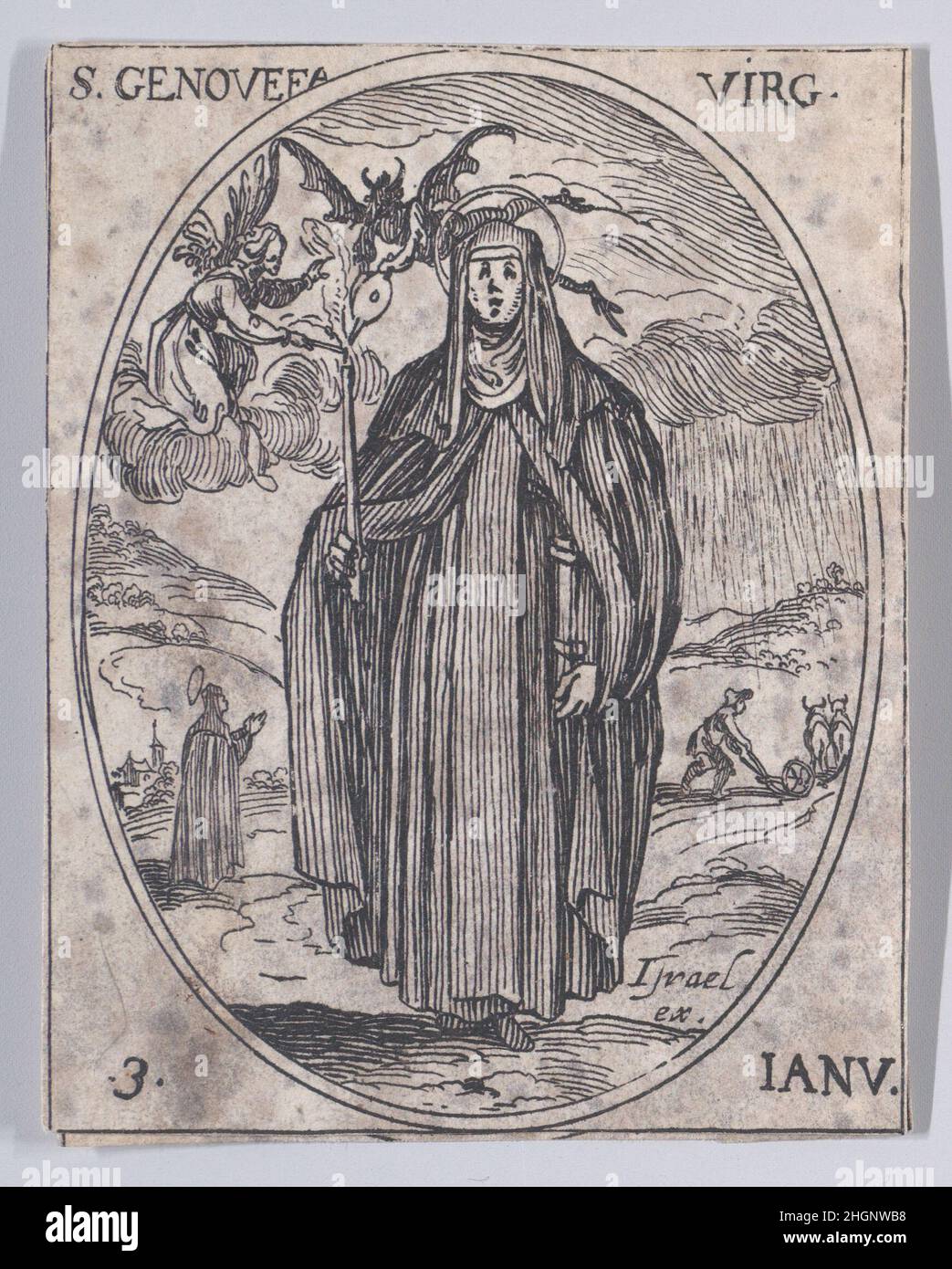 Ste. Geneviève, vierge (St. Genevieve, Virgin), Januar 3rd, aus Les Images De Tous Les Saincts et Saintes de L'Année (Bilder aller Heiligen und religiösen Ereignisse des Jahres) 1636 Jacques Callot Französisch dieser Druck ist Teil einer Serie, die aus einem Titelblatt, einem Frontispiz und 122 Tafeln besteht. Jede dieser 122 Tafeln enthält vier ovale Szenen, die Heilige und religiöse Ereignisse für jeden Tag des Jahres darstellen. Diese Radierung war ursprünglich eine von vier ovalen Szenen auf einer Platte in der Serie. Ste. Geneviève, vierge (St. Genevieve, Virgin), Januar 3rd, von Les Images De Tous Les Saincts et Saintes d Stockfoto