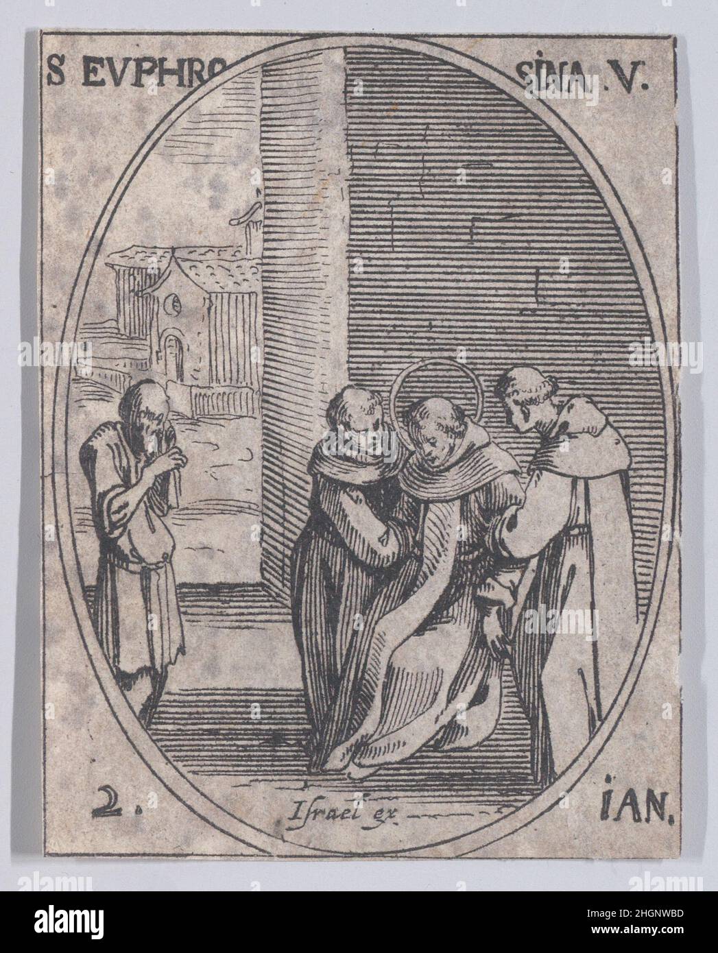 Ste. Pushine, vierge (St. Efrosyne, Virgin), Januar 2nd, aus Les Images De Tous Les Saincts et Saintes de L'Année (Bilder aller Heiligen und religiösen Ereignisse des Jahres) 1636 Jacques Callot Französisch dieser Druck ist Teil einer Serie, die aus einem Titelblatt, einem Frontispiz und 122 Tafeln besteht. Jede dieser 122 Tafeln enthält vier ovale Szenen, die Heilige und religiöse Ereignisse für jeden Tag des Jahres darstellen. Diese Radierung war ursprünglich eine von vier ovalen Szenen auf einer Platte in der Serie. Ste. Pushine, vierge (St. Peuphrosyne, Virgin), Januar 2nd, aus Les Images De Tous Les Saincts et Saint Stockfoto