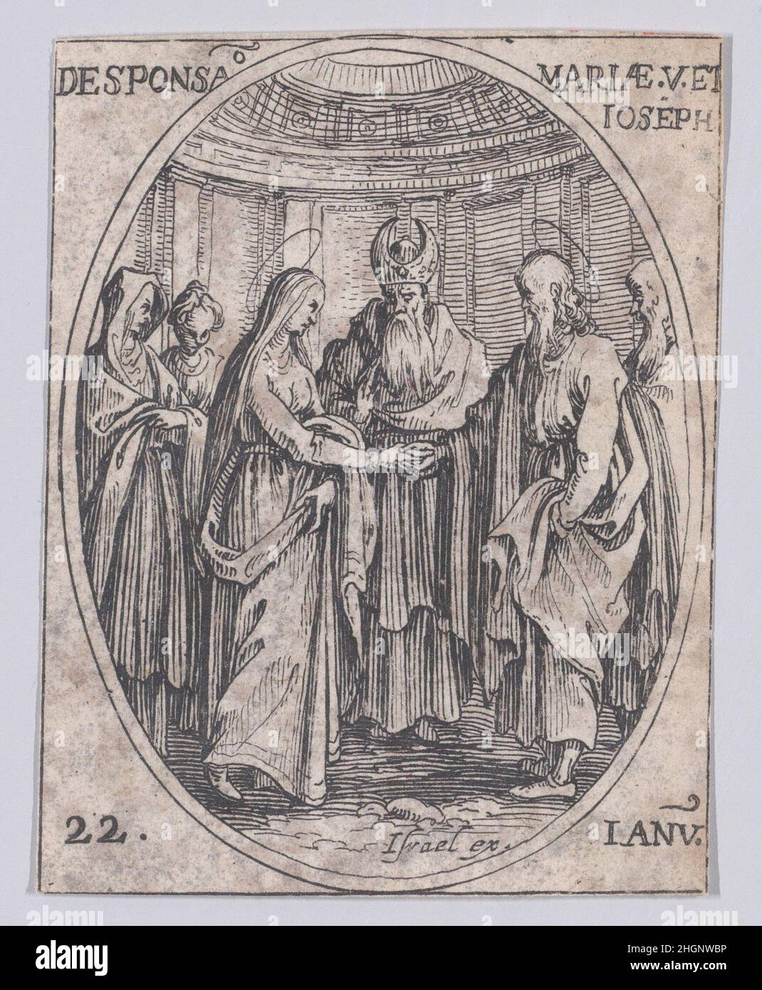 Le Mariage de la Ste. Vierge (die Ehe der Jungfrau), Januar 22nd, aus Les Images De Tous Les Saincts et Saintes de L'Année (Bilder aller Heiligen und religiösen Ereignisse des Jahres) 1636 Jacques Callot Französisch dieser Druck ist Teil einer Serie mit einem Titelblatt, Frontispiz, Und 122 Platten. Jede dieser 122 Tafeln enthält vier ovale Szenen, die Heilige und religiöse Ereignisse für jeden Tag des Jahres darstellen. Diese Radierung war ursprünglich eine von vier ovalen Szenen auf einer Platte in der Serie. Le Mariage de la Ste. Vierge (die Ehe der Jungfrau), Januar 22nd, aus Les Images De Tous Stockfoto