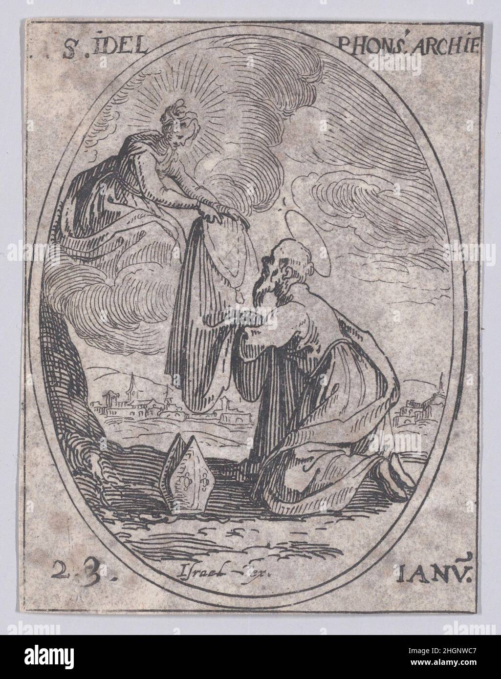 S. Ildelfonse, Archevêque (St. Ildefonsus, Erzbischof), Januar 23rd, aus Les Images De Tous Les Saincts et Saintes de L'Année (Bilder aller Heiligen und religiösen Ereignisse des Jahres) 1636 Jacques Callot Französisch dieser Druck ist Teil einer Serie, die aus einem Titelblatt, einem Frontispiz und 122 Tafeln besteht. Jede dieser 122 Tafeln enthält vier ovale Szenen, die Heilige und religiöse Ereignisse für jeden Tag des Jahres darstellen. Diese Radierung war ursprünglich eine von vier ovalen Szenen auf einer Platte in der Serie. S. Ildelfonse, Archevêque (St. Ildefonsus, Erzbischof), Januar 23rd, aus Les Images De Tous Les Sa Stockfoto