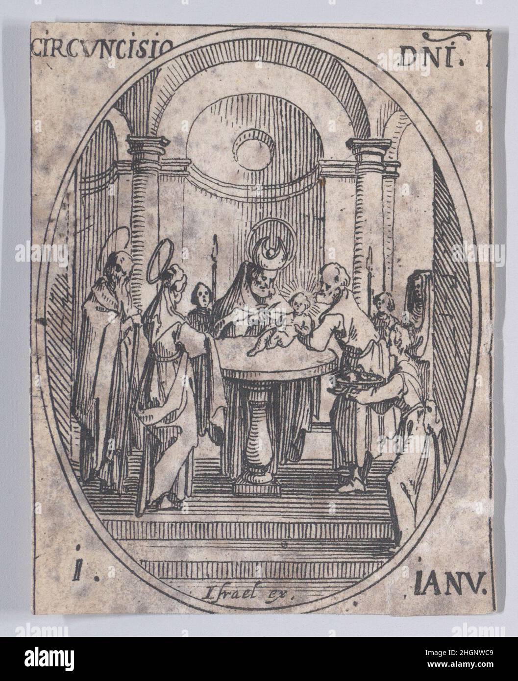 La Circoncision de Jésus-Christ (die Beschneidung Christi), Januar 1st, aus Les Images De Tous Les Saincts et Saintes de L'Année (Bilder aller Heiligen und religiösen Ereignisse des Jahres) 1636 Jacques Callot Französisch dieser Druck ist Teil einer Serie mit einem Titelblatt, Frontispiz, Und 122 Platten. Jede dieser 122 Tafeln enthält vier ovale Szenen, die Heilige und religiöse Ereignisse für jeden Tag des Jahres darstellen. Diese Radierung war ursprünglich eine von vier ovalen Szenen auf einer Platte in der Serie. La Circoncision de Jésus-Christ (die Beschneidung Christi), Januar 1st, aus Les Images De T Stockfoto