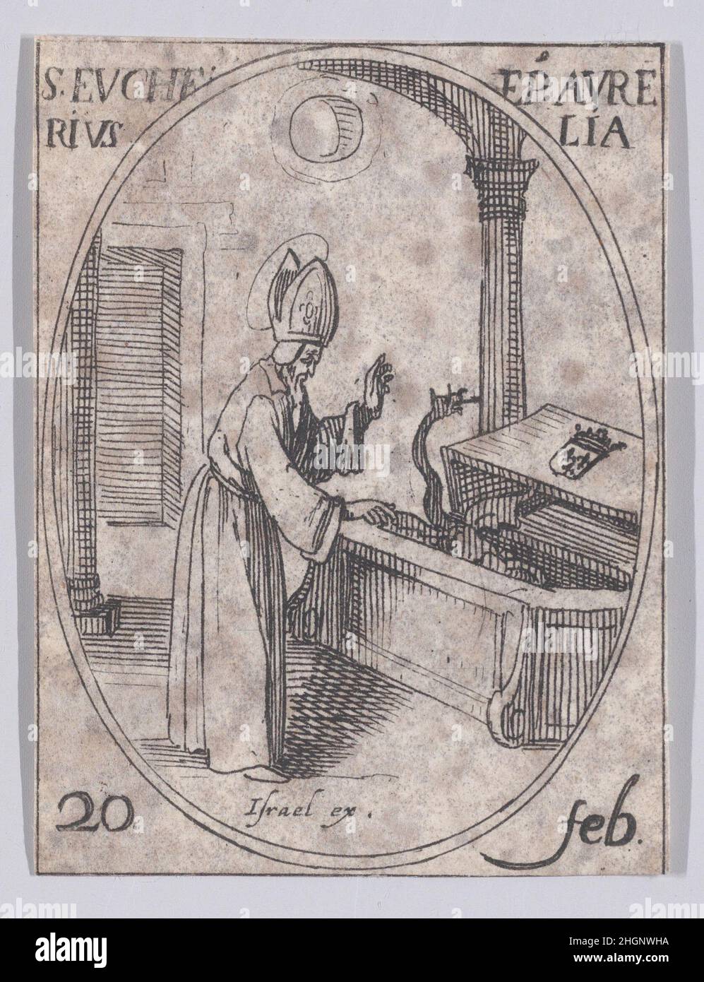 S. Eucher, Évêque d'Orléans (St. Eucherius, Bischof von Orleans), Februar 20th, aus Les Images De Tous Les Saincts et Saintes de L'Année (Bilder aller Heiligen und religiösen Ereignisse des Jahres) 1636 Jacques Callot Französisch dieser Druck ist Teil einer Serie, die aus einem Titelblatt, einem Frontispiz und 122 Tafeln besteht. Jede dieser 122 Tafeln enthält vier ovale Szenen, die Heilige und religiöse Ereignisse für jeden Tag des Jahres darstellen. Diese Radierung war ursprünglich eine von vier ovalen Szenen auf einer Platte in der Serie. S. Eucher, Évêque d'Orléans (St. Eucherius, Bischof von Orleans), Februar 20th, aus Les IMA Stockfoto