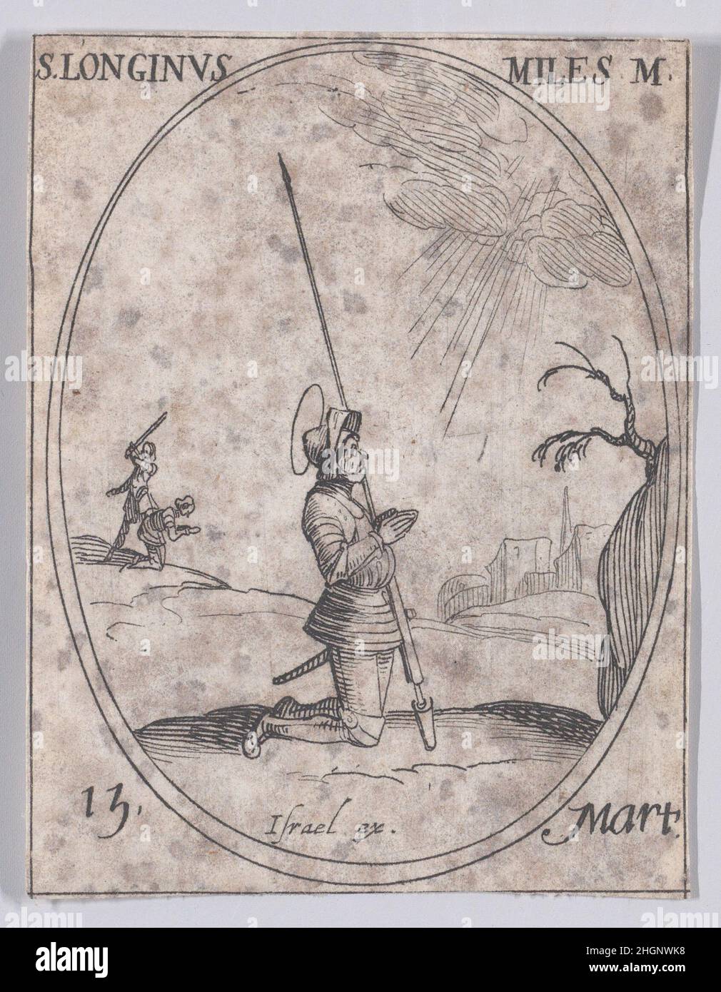 S. Longin, soldat (St. Longinus, Soldat), März 15th, aus Les Images De Tous Les Saincts et Saintes de L'Année (Bilder aller Heiligen und religiösen Ereignisse des Jahres) 1636 Jacques Callot Französisch dieser Druck ist Teil einer Serie, die aus einem Titelblatt, einem Frontispiz und 122 Tafeln besteht. Jede dieser 122 Tafeln enthält vier ovale Szenen, die Heilige und religiöse Ereignisse für jeden Tag des Jahres darstellen. Diese Radierung war ursprünglich eine von vier ovalen Szenen auf einer Platte in der Serie. S. Longin, soldat (St. Longinus, Soldat), März 15th, aus Les Images De Tous Les Saincts et Saintes de L'Année (I Stockfoto