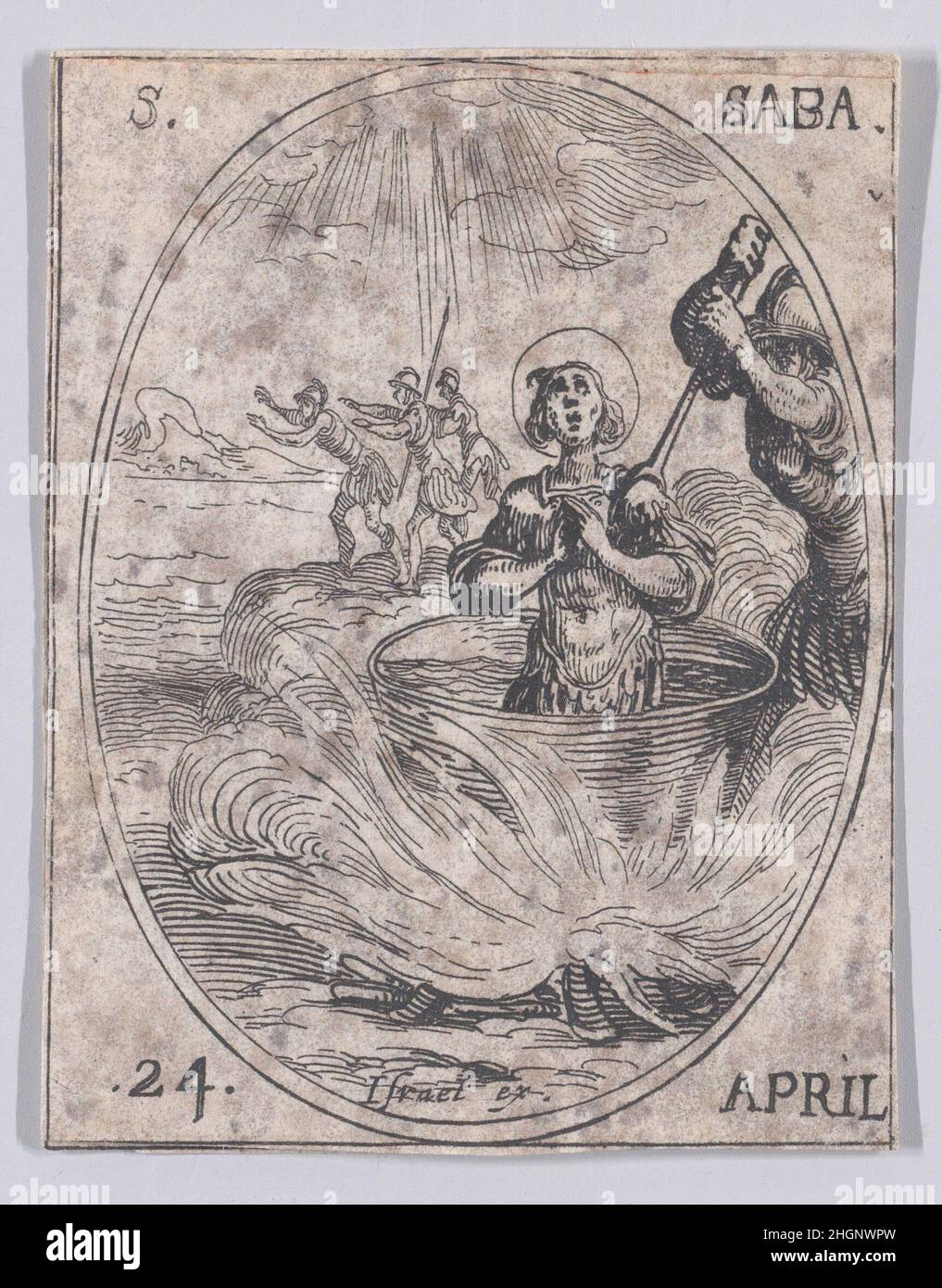 S. Saba (St. Sabas), April 24th, aus Les Images De Tous Les Saincts et Saintes de L'Année (Bilder aller Heiligen und religiösen Ereignisse des Jahres) 1636 Jacques Callot Französisch dieser Druck ist Teil einer Serie, die aus einem Titelblatt, einem Frontispiz und 122 Tafeln besteht. Jede dieser 122 Tafeln enthält vier ovale Szenen, die Heilige und religiöse Ereignisse für jeden Tag des Jahres darstellen. Diese Radierung war ursprünglich eine von vier ovalen Szenen auf einer Platte in der Serie. S. Saba (St. Sabas), April 24th, aus Les Images De Tous Les Saincts et Saintes de L'Année (Bilder aller Heiligen und der religiösen Eva Stockfoto