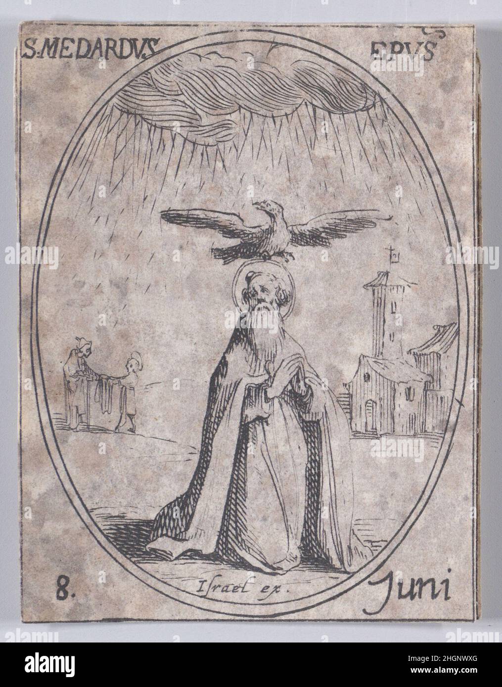 S. Médard, Évêque (St. Medard, Bishop), Juni 8th, aus Les Images De Tous Les Saincts et Saintes de L'Année (Bilder aller Heiligen und religiösen Ereignisse des Jahres) 1636 Jacques Callot Französisch dieser Druck ist Teil einer Serie, die aus einem Titelblatt, einem Frontispiz und 122 Tafeln besteht. Jede dieser 122 Tafeln enthält vier ovale Szenen, die Heilige und religiöse Ereignisse für jeden Tag des Jahres darstellen. Diese Radierung war ursprünglich eine von vier ovalen Szenen auf einer Platte in der Serie. S. Médard, Évêque (St. Medard, Bischof), Juni 8th, aus Les Images De Tous Les Saincts et Saintes de L'Année (Bilder Einer Stockfoto