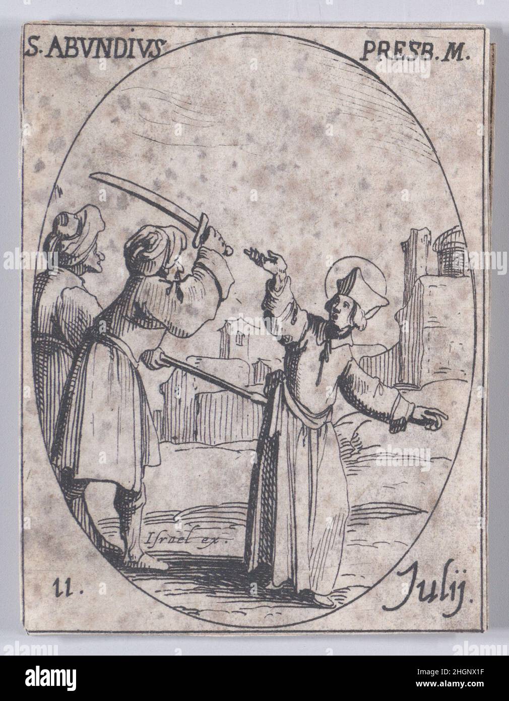 S. Abondie, Prêtre et martyr (St. Abundius, Priester und Märtyrer), Juli 11th, aus Les Images De Tous Les Saincts et Saintes de L'Année (Bilder aller Heiligen und religiösen Ereignisse des Jahres) 1636 Jacques Callot Französisch dieser Druck ist Teil einer Serie, die aus einem Titelblatt, einem Frontispiz und 122 Tafeln besteht. Jede dieser 122 Tafeln enthält vier ovale Szenen, die Heilige und religiöse Ereignisse für jeden Tag des Jahres darstellen. Diese Radierung war ursprünglich eine von vier ovalen Szenen auf einer Platte in der Serie. S. Abondie, Prêtre et martyr (St. Abundius, Priester und Märtyrer), Juli 11th, aus Les Images De T Stockfoto