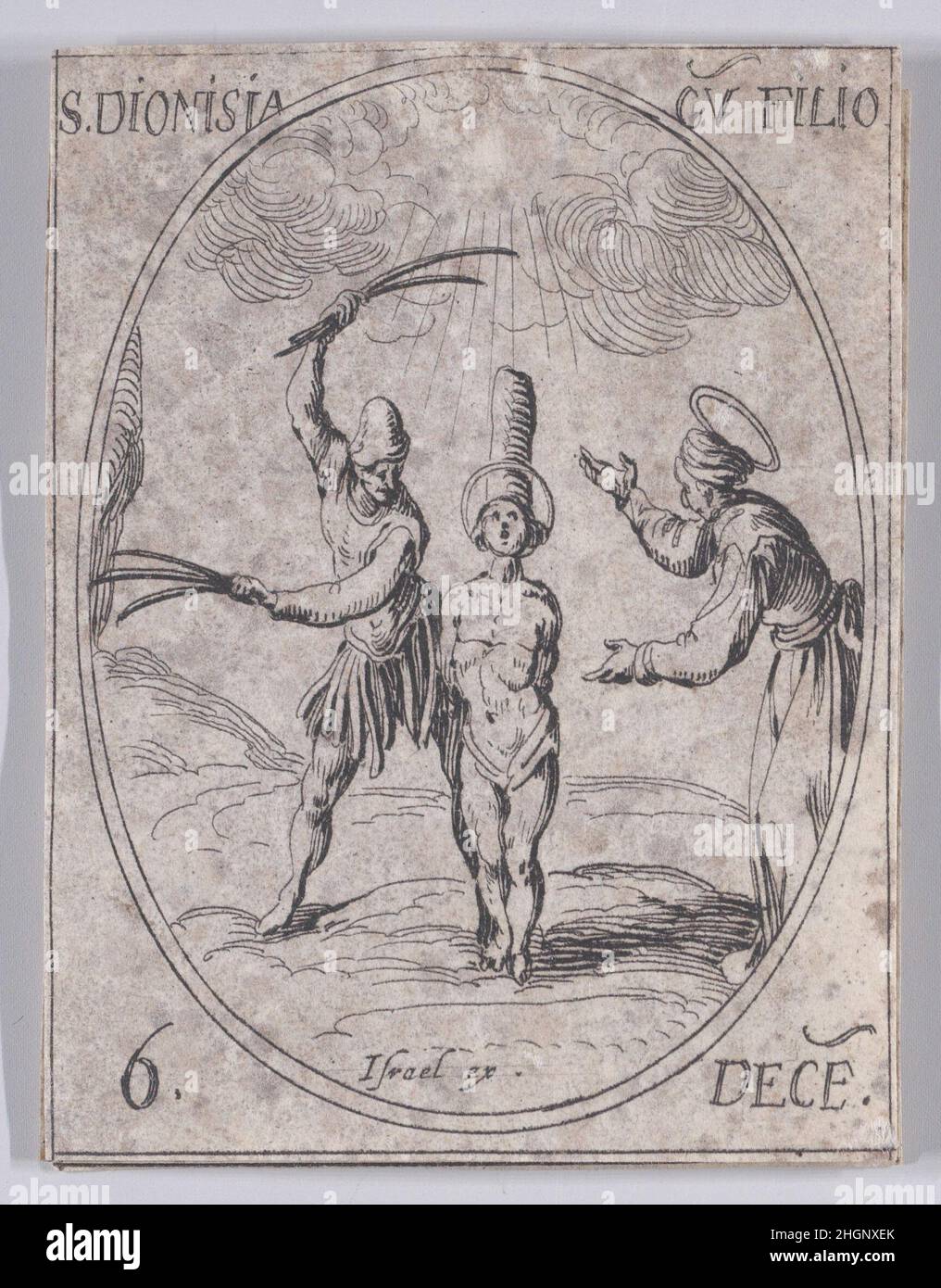 Ste. Denise et Son Fils (St. Dionysia und ihr Sohn), Dezember 6th, aus Les Images De Tous Les Saincts et Saintes de L'Année (Bilder aller Heiligen und religiösen Ereignisse des Jahres) 1636 Jacques Callot Französisch dieser Druck ist Teil einer Serie, die aus einem Titelblatt, einem Frontispiz und 122 Tafeln besteht. Jede dieser 122 Tafeln enthält vier ovale Szenen, die Heilige und religiöse Ereignisse für jeden Tag des Jahres darstellen. Diese Radierung war ursprünglich eine von vier ovalen Szenen auf einer Platte in der Serie. Ste. Denise et Son Fils (St. Dionysia und ihr Sohn), Dezember 6th, aus Les Images De Tous Les Saincts et Stockfoto