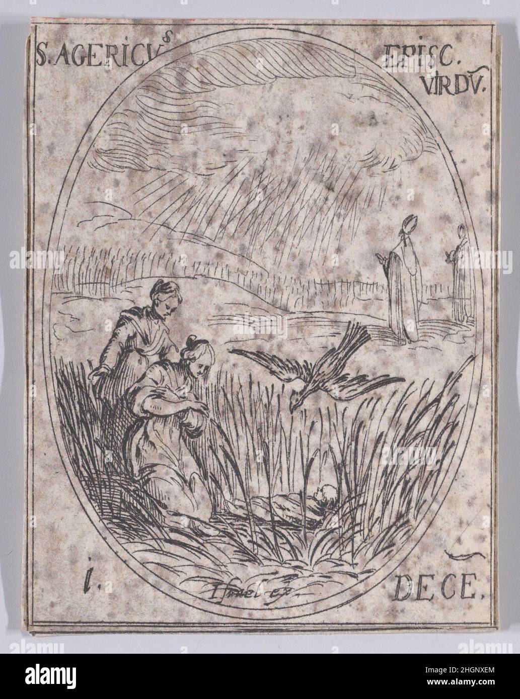 S. Aigri, Évêque de Verdun (St. Agericus, Bischof von Verdun), Dezember 1st, aus Les Images De Tous Les Saincts et Saintes de L'Année (Bilder aller Heiligen und religiösen Ereignisse des Jahres) 1636 Jacques Callot Französisch dieser Druck ist Teil einer Serie, die aus einem Titelblatt, einem Frontispiz und 122 Tafeln besteht. Jede dieser 122 Tafeln enthält vier ovale Szenen, die Heilige und religiöse Ereignisse für jeden Tag des Jahres darstellen. Diese Radierung war ursprünglich eine von vier ovalen Szenen auf einer Platte in der Serie. S. Aigri, Évêque de Verdun (St. Agericus, Bischof von Verdun), Dezember 1st, aus Les Images De T Stockfoto
