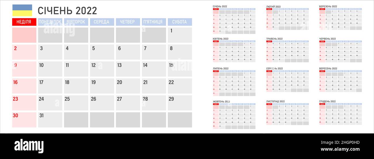 Kalender 2022 in ukrainischer Sprache, die Woche beginnt am Montag. Vector Kalender 2022 Jahr Stock Vektor