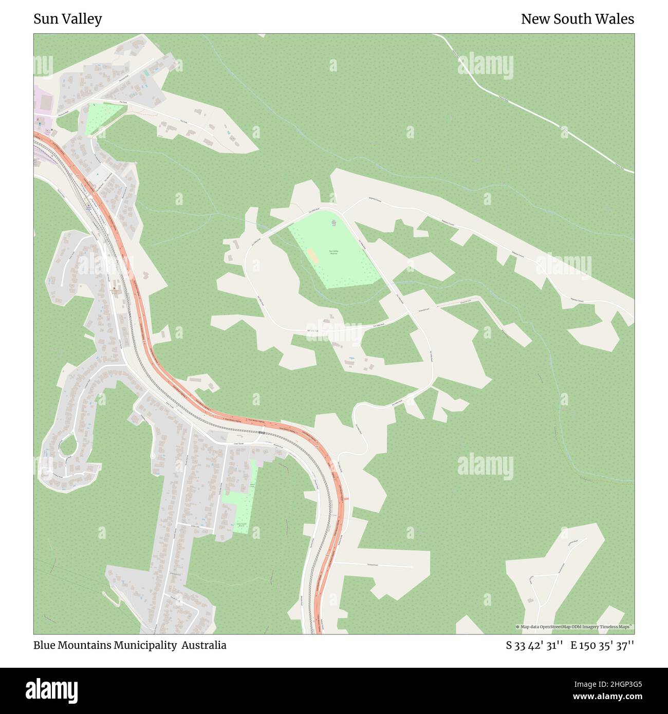 Sun Valley, Blue Mountains Municipality, Australien, New South Wales, S 33 42' 31'', E 150 35' 37'', map, Timeless Map veröffentlicht im Jahr 2021. Reisende, Entdecker und Abenteurer wie Florence Nightingale, David Livingstone, Ernest Shackleton, Lewis and Clark und Sherlock Holmes haben sich bei der Planung von Reisen zu den entlegensten Ecken der Welt auf Karten verlassen.Timeless Maps kartiert die meisten Orte auf der Welt und zeigt die Verwirklichung großer Träume Stockfoto