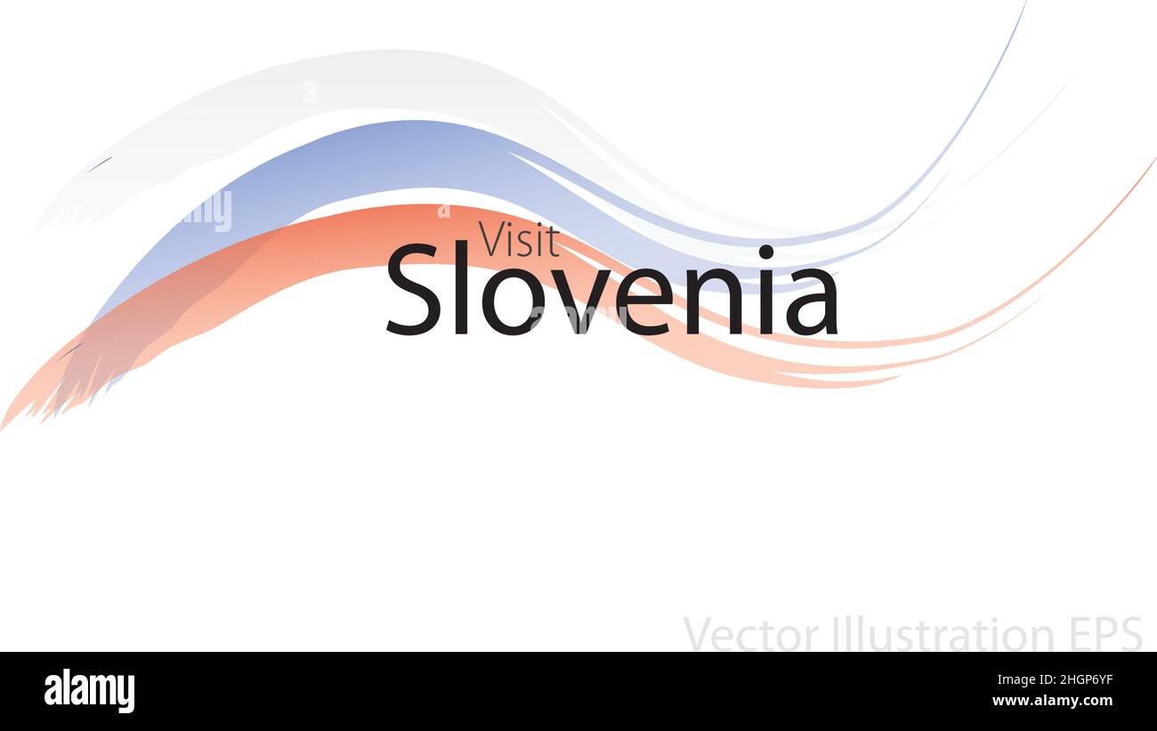 Der Slogan besucht Slowenien mit geschwungenen Wellen im Aquarellstil, die in den Farben der Nationalflagge stehen. Vektorgrafik Stock Vektor