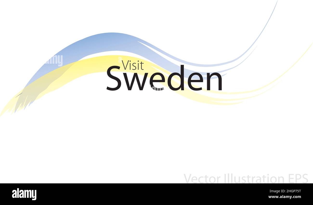 Der Slogan besucht Schweden mit geschwungenen Wellen im Aquarellstil, die in den Farben der Nationalflagge stehen. Vektorgrafik Stock Vektor