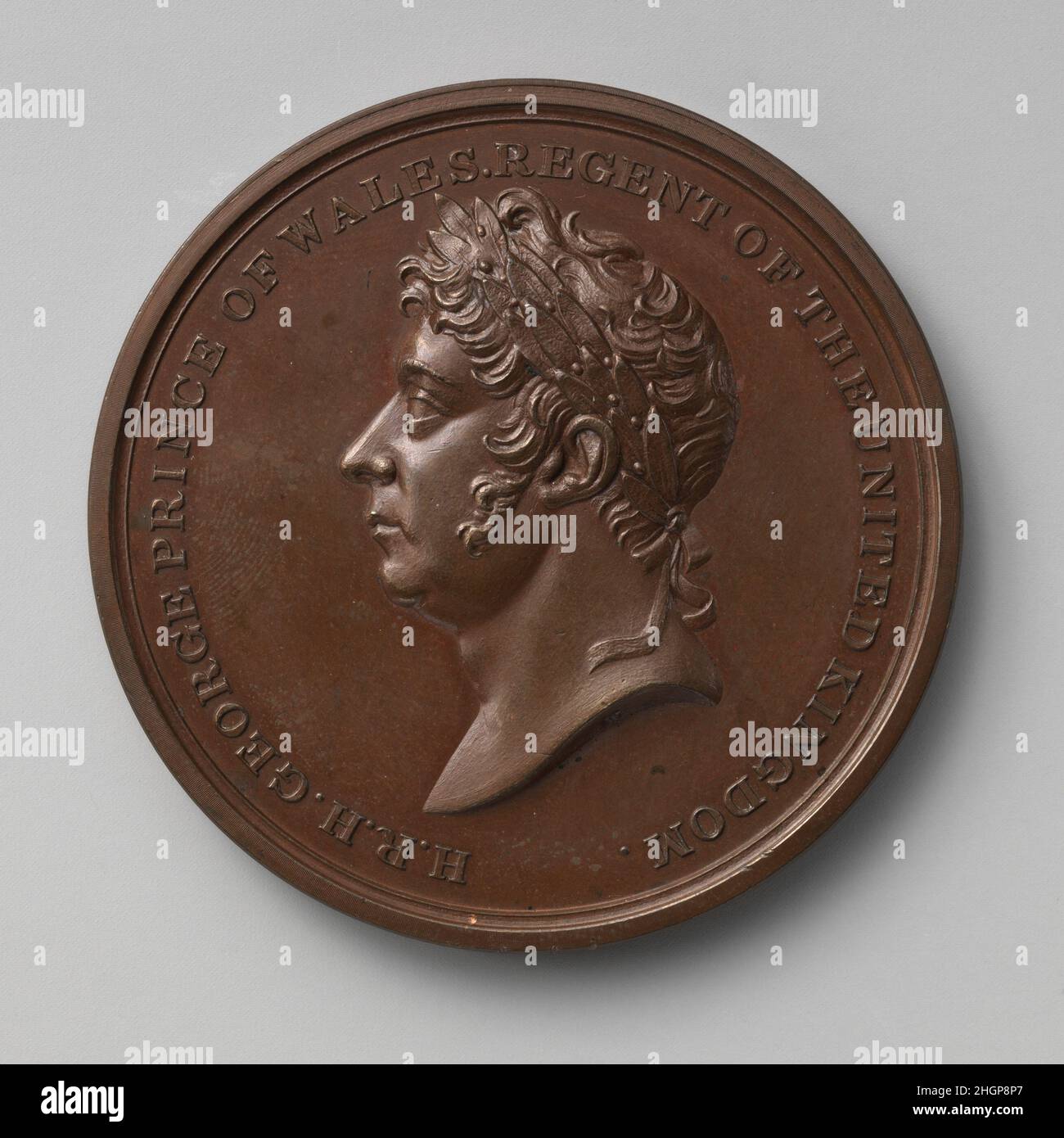 An den Prinzregenten, nach Abschluss des Friedens, nach Waterloo, 1815 1815 Medaillengewinnerin: Thomas Wyon der Jüngere. An den Prinzregenten, nach Abschluss des Friedens, nach Waterloo, 1815. Medaillengewinnerin: Thomas Wyon der Jüngere (Brite, 1791–1817). Britisch. 1815. Bronze. Medaillen und Plaquettes Stockfoto