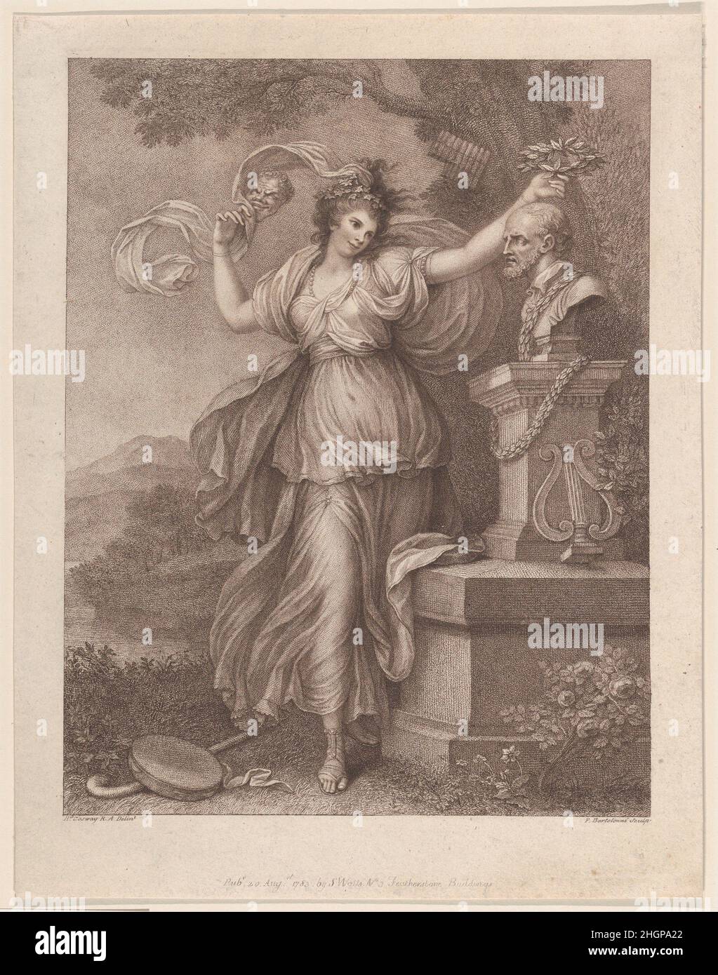 Mrs. Abington as Thalia 20. August 1783 Francesco Bartolozzi Italienisch Schönheit und Talent haben Fanny Barton (später Mrs. Abington) zu Ruhm gebracht, von den bescheidenen Anfängen als Blumenmädchen und Helferin der Mühle. In Verbindung mit dem Drury Lane Theatre zeichnete sie sich in zeitgenössischen Comicrollen von Richard Brinsley Sheridan und Colley Cibber aus und spielte in Shakespeares Stücken Ophelia, Desdemona, Beatrice und Portia. Horace Walpole verglich sie positiv mit Garrick, und der Künstler James Northcote merkte an, dass "sie in ihrem Schauspiel die ganze Einfachheit der Natur und nicht die geringste Tinktur des Theatrs hat Stockfoto