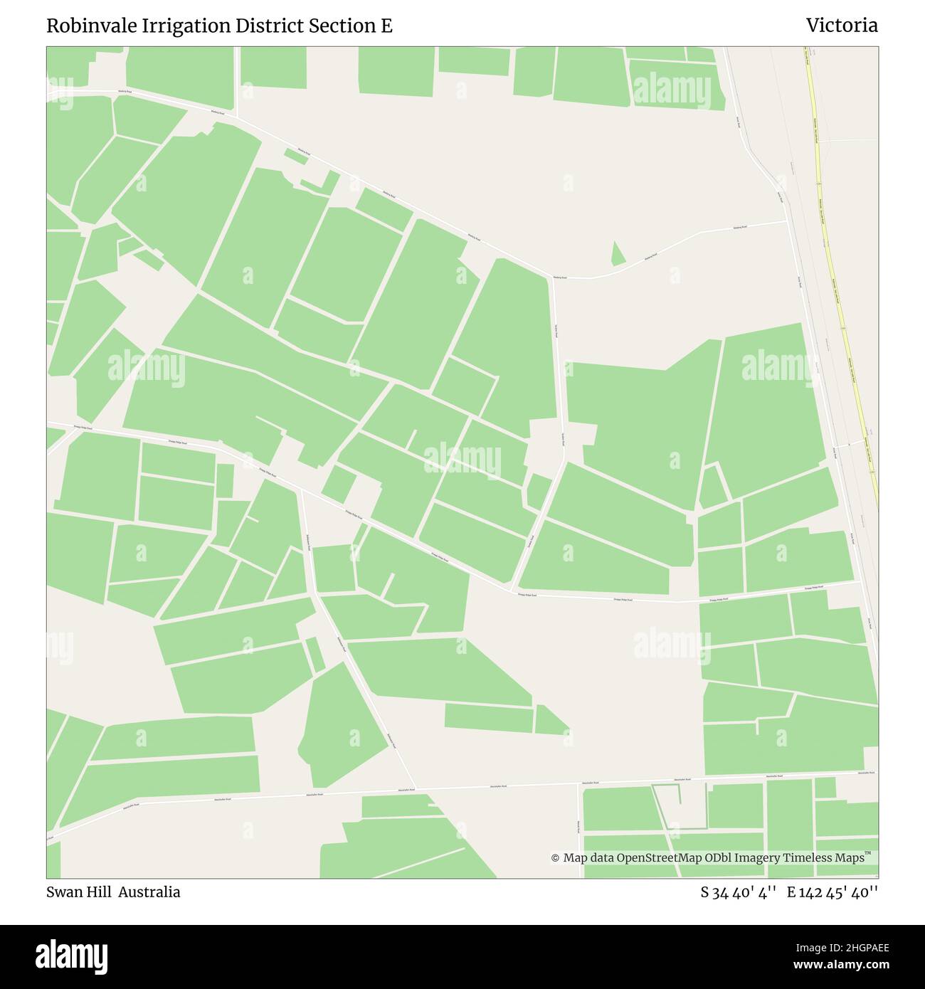 Robinvale Irrigation District Abschnitt E, Swan Hill, Australien, Victoria, S 34 40' 4'', E 142 45' 40'', Karte, Timeless Map veröffentlicht im Jahr 2021. Reisende, Entdecker und Abenteurer wie Florence Nightingale, David Livingstone, Ernest Shackleton, Lewis and Clark und Sherlock Holmes haben sich bei der Planung von Reisen zu den entlegensten Ecken der Welt auf Karten verlassen.Timeless Maps kartiert die meisten Orte auf der Welt und zeigt die Verwirklichung großer Träume Stockfoto