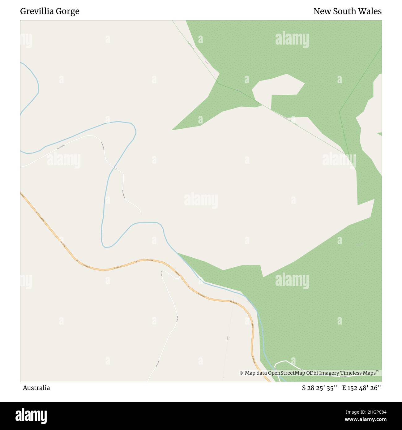 Grevillia Gorge, Australien, New South Wales, S 28 25' 35'', E 152 48' 26'', Karte, Timeless Map veröffentlicht im Jahr 2021. Reisende, Entdecker und Abenteurer wie Florence Nightingale, David Livingstone, Ernest Shackleton, Lewis and Clark und Sherlock Holmes haben sich bei der Planung von Reisen zu den entlegensten Ecken der Welt auf Karten verlassen.Timeless Maps kartiert die meisten Orte auf der Welt und zeigt die Verwirklichung großer Träume Stockfoto