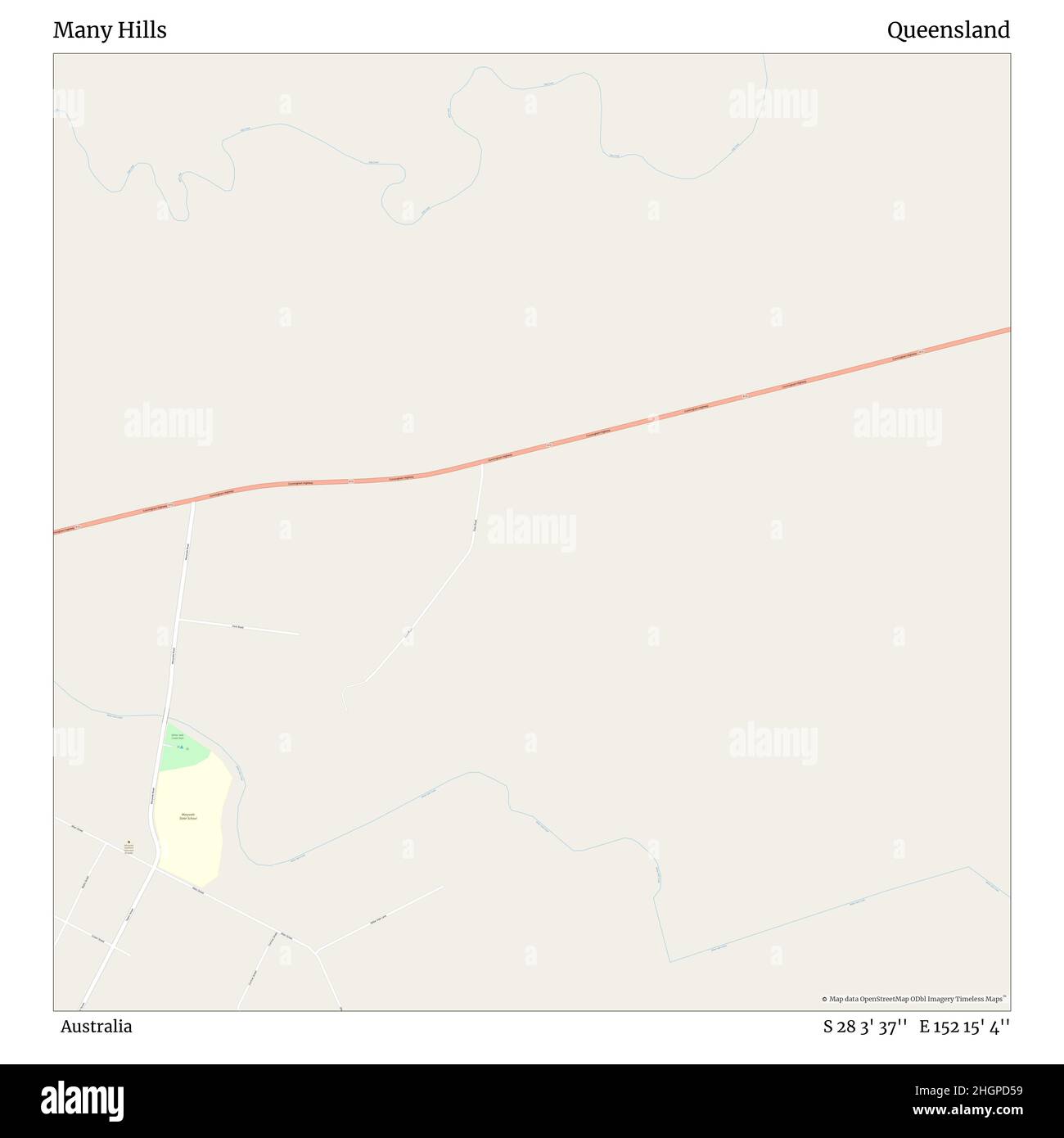 Many Hills, Australia, Queensland, S 28 3' 37'', E 152 15' 4'', map, Timeless Map veröffentlicht im Jahr 2021. Reisende, Entdecker und Abenteurer wie Florence Nightingale, David Livingstone, Ernest Shackleton, Lewis and Clark und Sherlock Holmes haben sich bei der Planung von Reisen zu den entlegensten Ecken der Welt auf Karten verlassen.Timeless Maps kartiert die meisten Orte auf der Welt und zeigt die Verwirklichung großer Träume Stockfoto