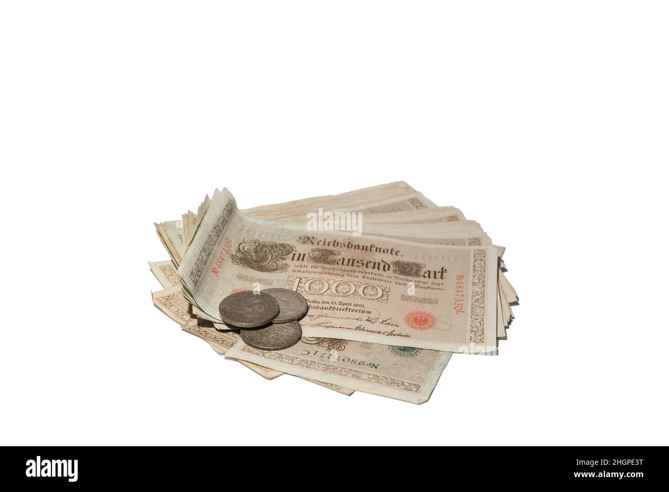 Alte deutsche Geldmünzen und Geldschein Stockfoto