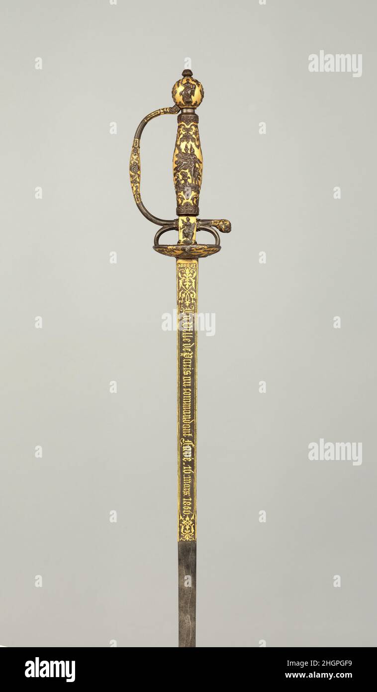 Smallsword präsentiert von der Stadt Paris an Kommandant Ildefonse Favé (1812–1894) vom 1856 Paul Bled Französisch Dieses kleine Schwert wurde von der Stadt Paris an Kommandant Ildefonse Favé überreicht, um an seine offizielle Ankündigung der Geburt Napoléons, Prinz Imperial (1856–1879), zu erinnern. Sohn von Kaiser Napoleon III., am 16. März 1856, wie die Inschrift auf der Klinge zeigt. Die Geburt des Bonaparte-Erben wurde als ein Ereignis von nationaler Bedeutung in ganz Frankreich gefeiert. Irgendwann nach der Ankündigung wurde dieses Schwert von Lepage-Moutier, einer renommierten Firma aus Paris, in Auftrag gegeben Stockfoto