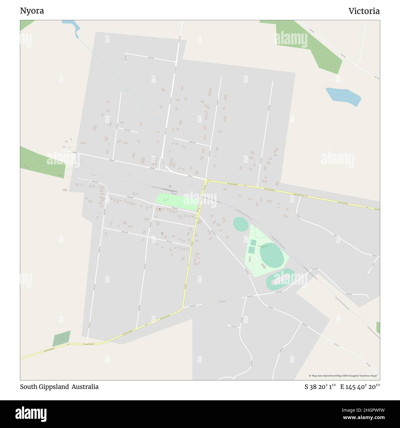 Nyora, South Gippsland, Australien, Victoria, S 38 20' 1'', E 145 40' 20'', Karte, Timeless Map veröffentlicht im Jahr 2021. Reisende, Entdecker und Abenteurer wie Florence Nightingale, David Livingstone, Ernest Shackleton, Lewis and Clark und Sherlock Holmes haben sich bei der Planung von Reisen zu den entlegensten Ecken der Welt auf Karten verlassen.Timeless Maps kartiert die meisten Orte auf der Welt und zeigt die Verwirklichung großer Träume Stockfoto