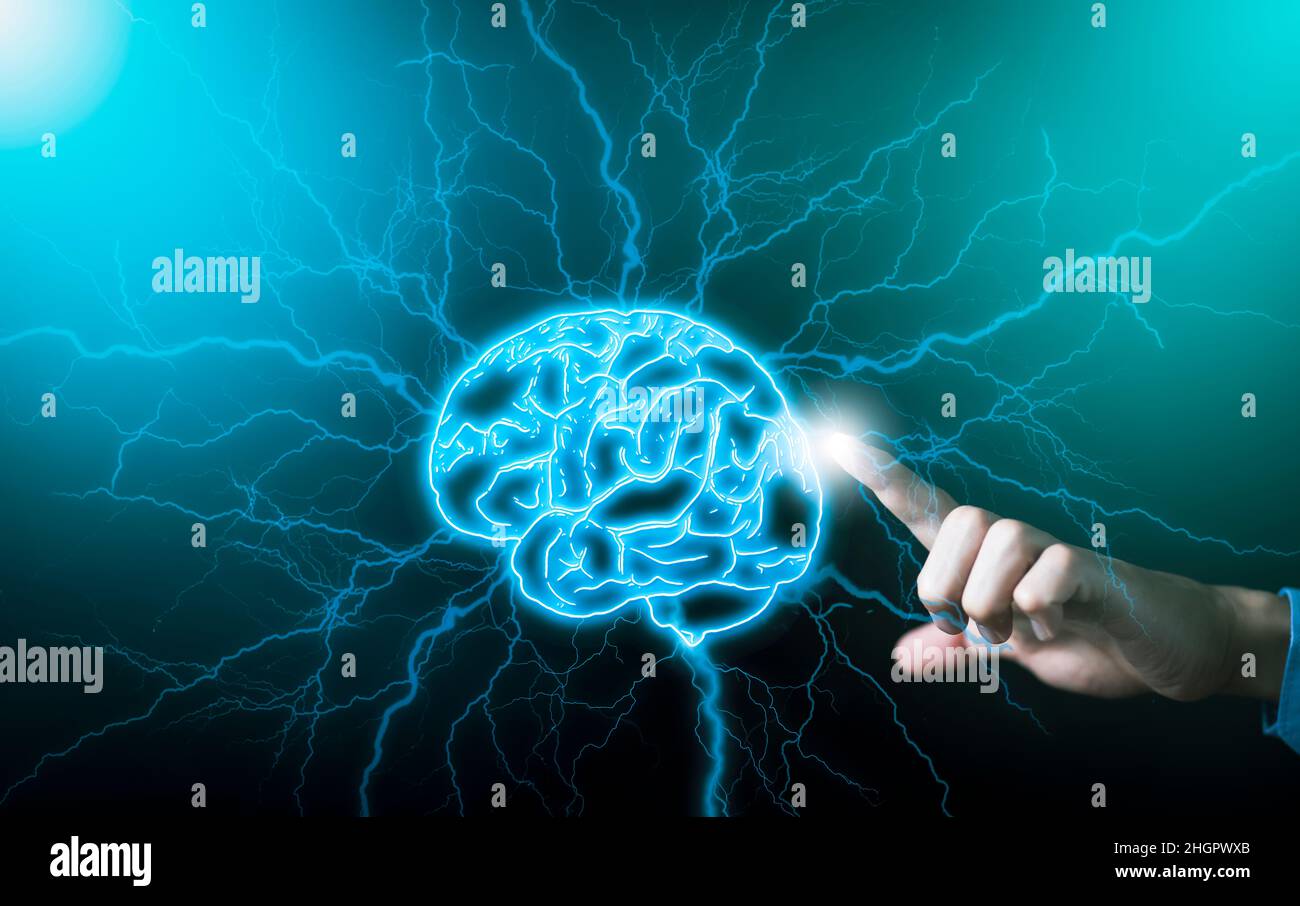 Konzept der Geschäftsideen und Datenspeicherung, Geschäftsmann Hand berühren Virtual Reality Mann mit Symbol Neuronen im Gehirn, Netzwerkverbindung auf Glitt Stockfoto